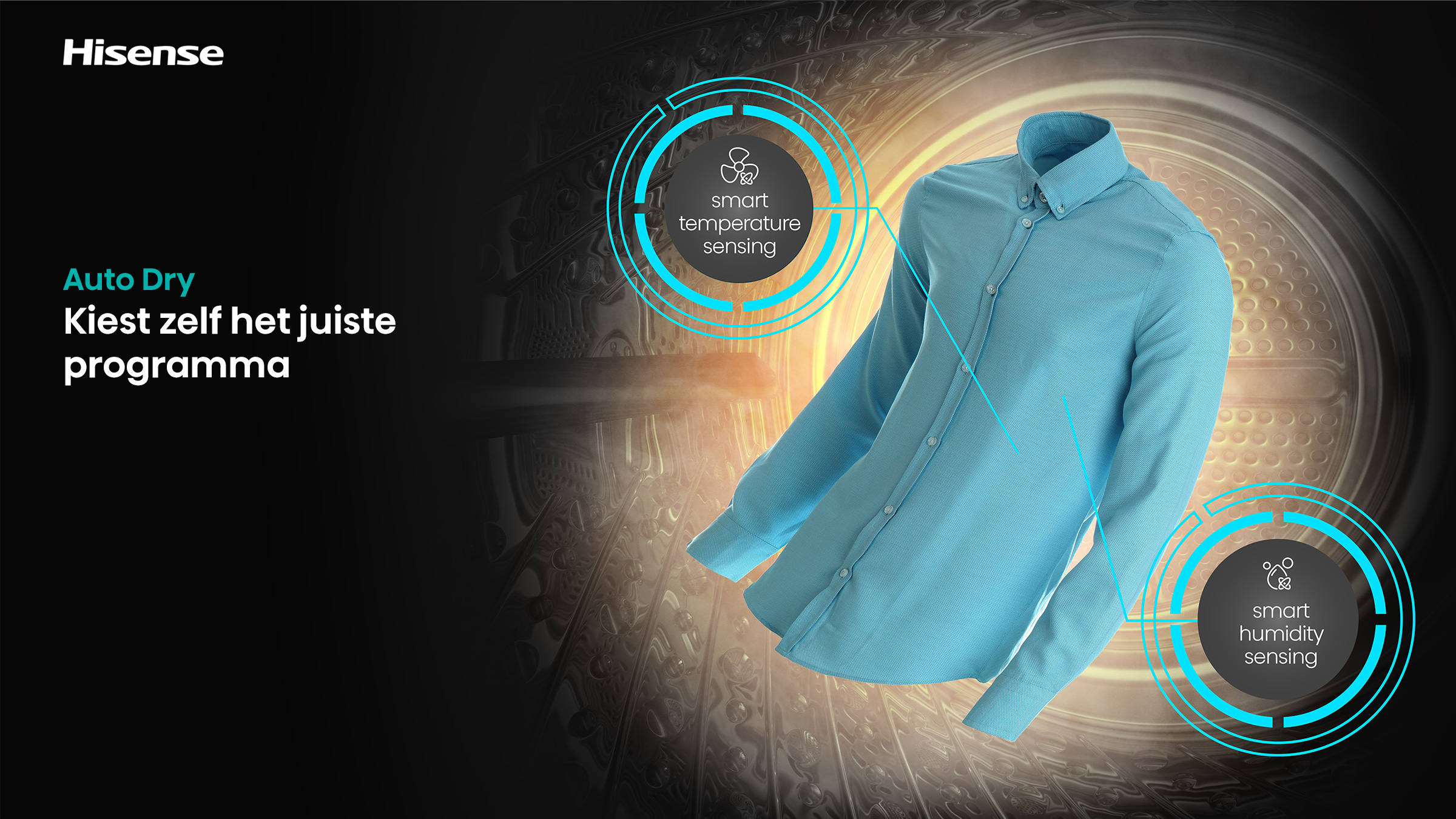 A light blue shirt floats in front of a dryer. Text reads 'Auto Dry'. Icons indicate smart temperature and humidity sensing.