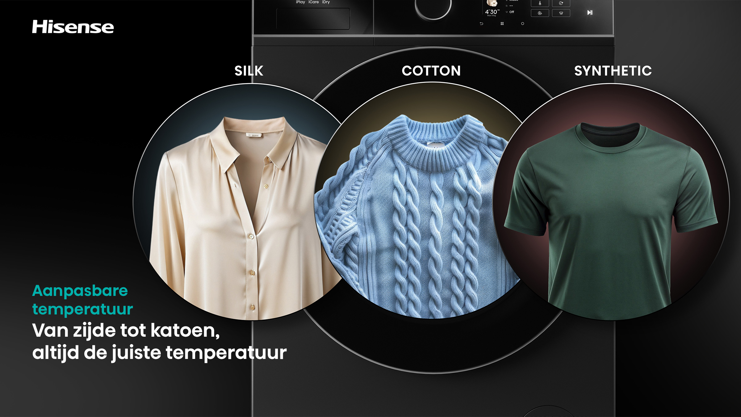 Image shows a washing machine with silk, cotton, and synthetic clothing examples. Text reads 'adjustable temperature'.