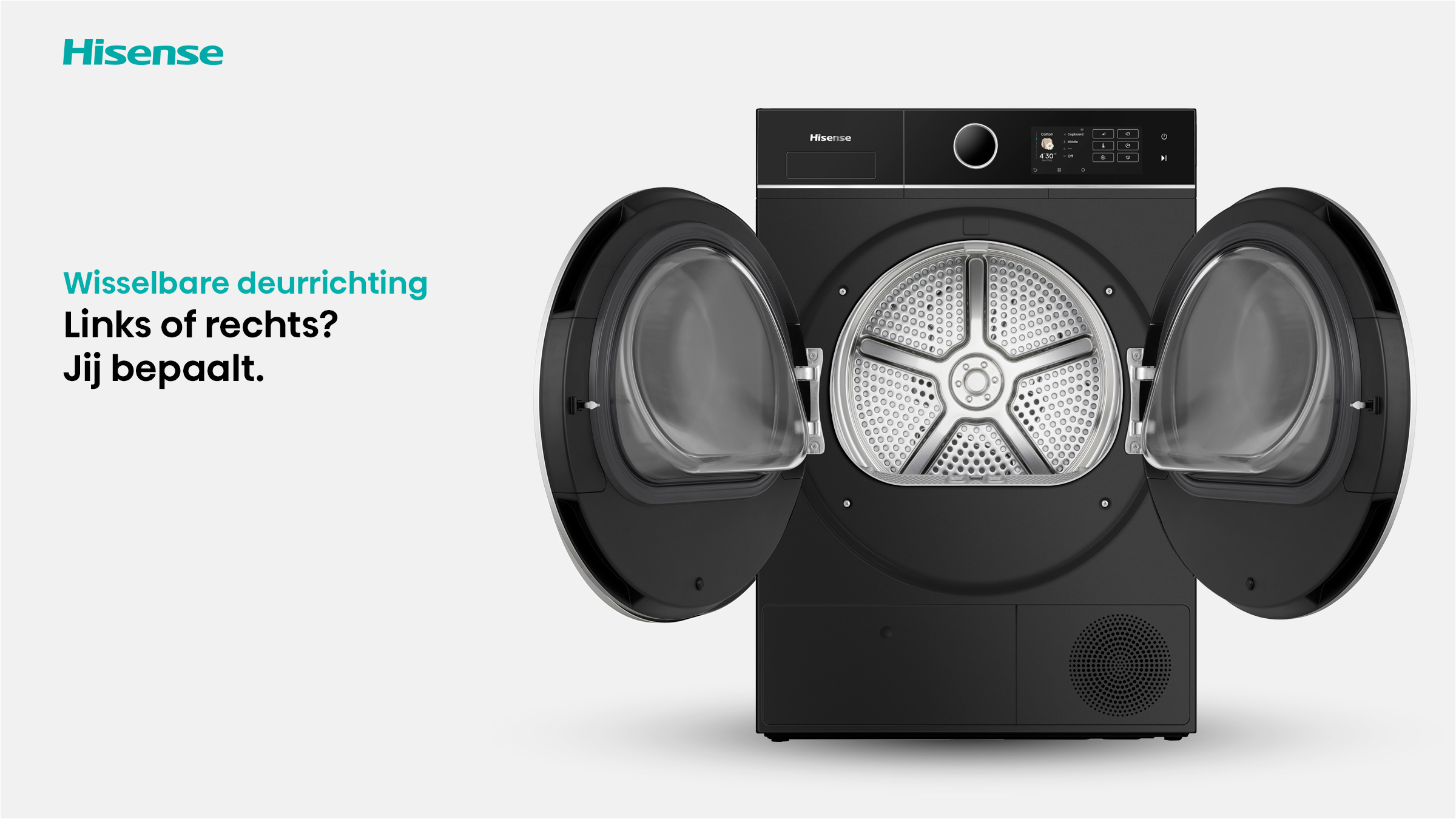 Black Hisense dryer with open doors, revealing the drum. Text: 'Wisselbare deurrichting Links of rechts? Jij bepaalt.'