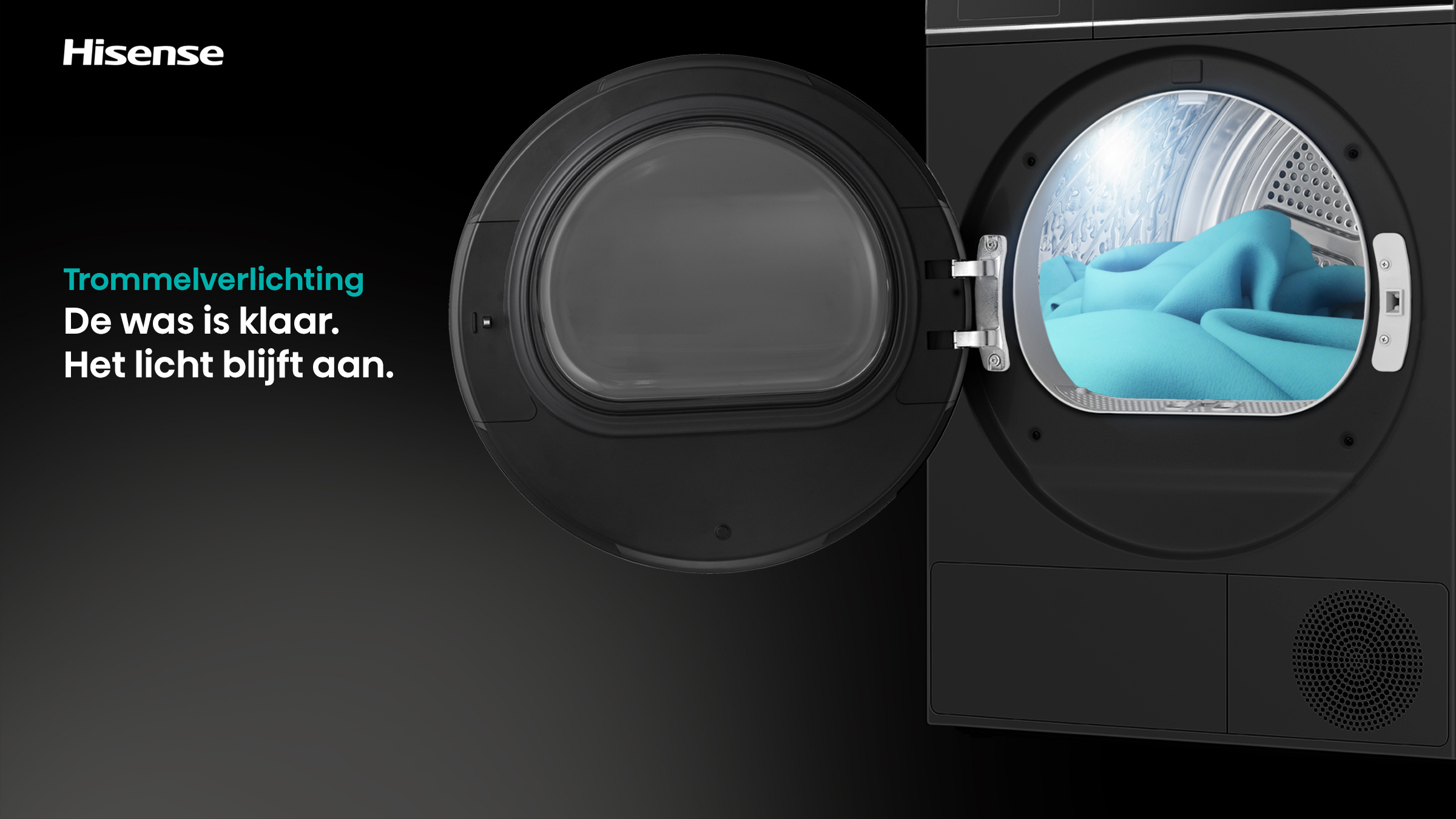 A black Hisense dryer with an open door revealing blue fabric. Text reads: Drum lighting. The laundry is ready. The light stays on.