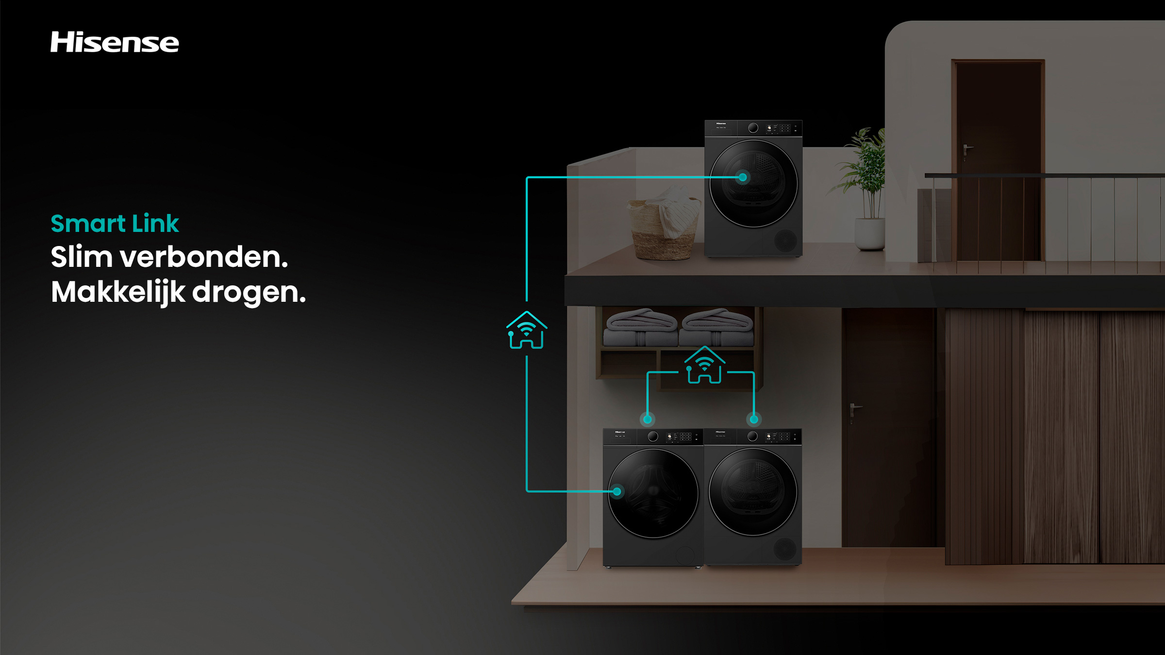Image shows two washing machines connected by a Smart Link system, with the Hisense logo at the top.
