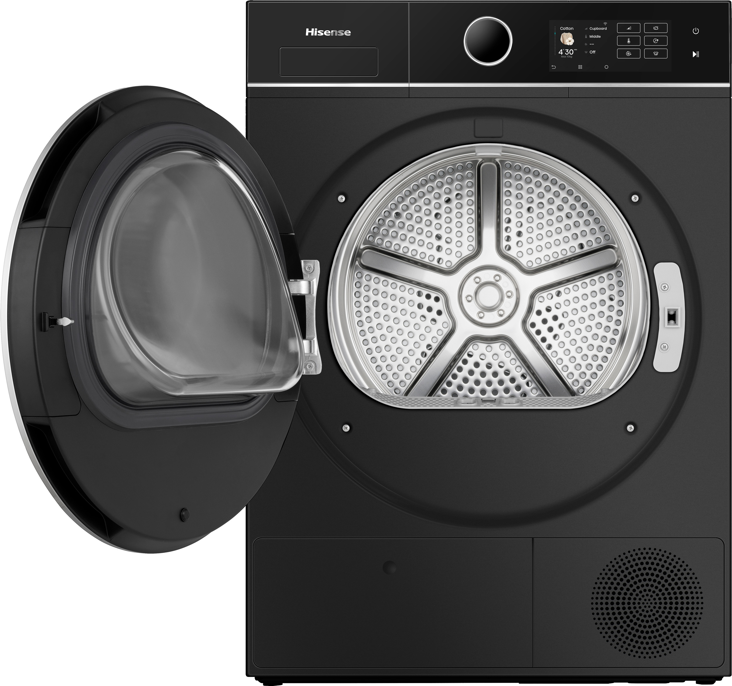 Black dryer with door open. Shows drum and control panel with time display. Hisense logo at the top.