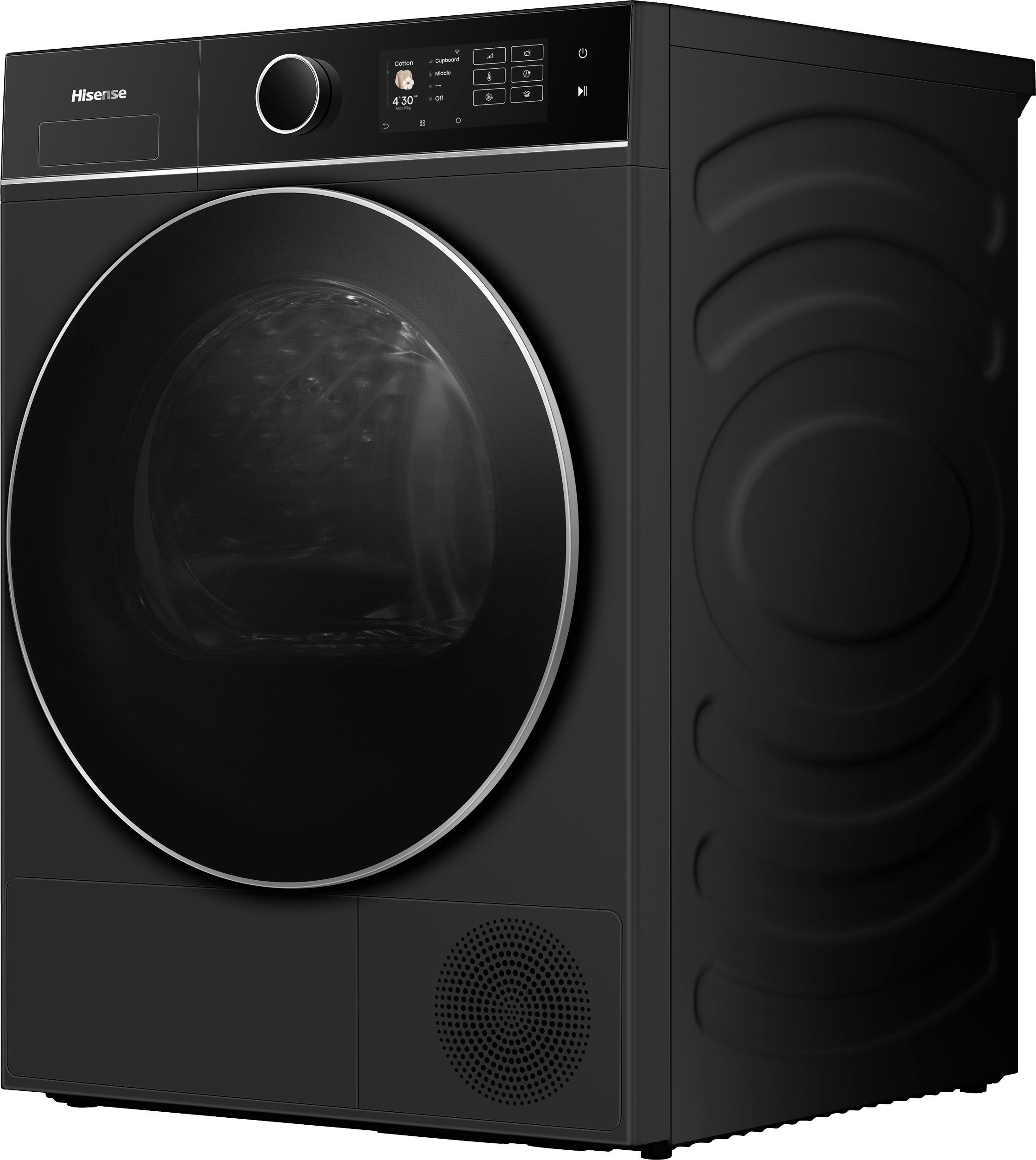 Black Hisense dryer. It has a large round door, control panel, and a speaker at the bottom.