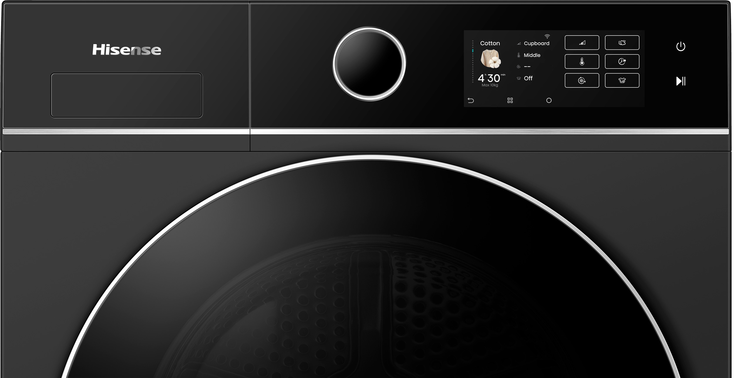 A black Hisense dryer with a digital display. The display shows settings like 'Cotton' and a timer. The machine has a curved glass door.