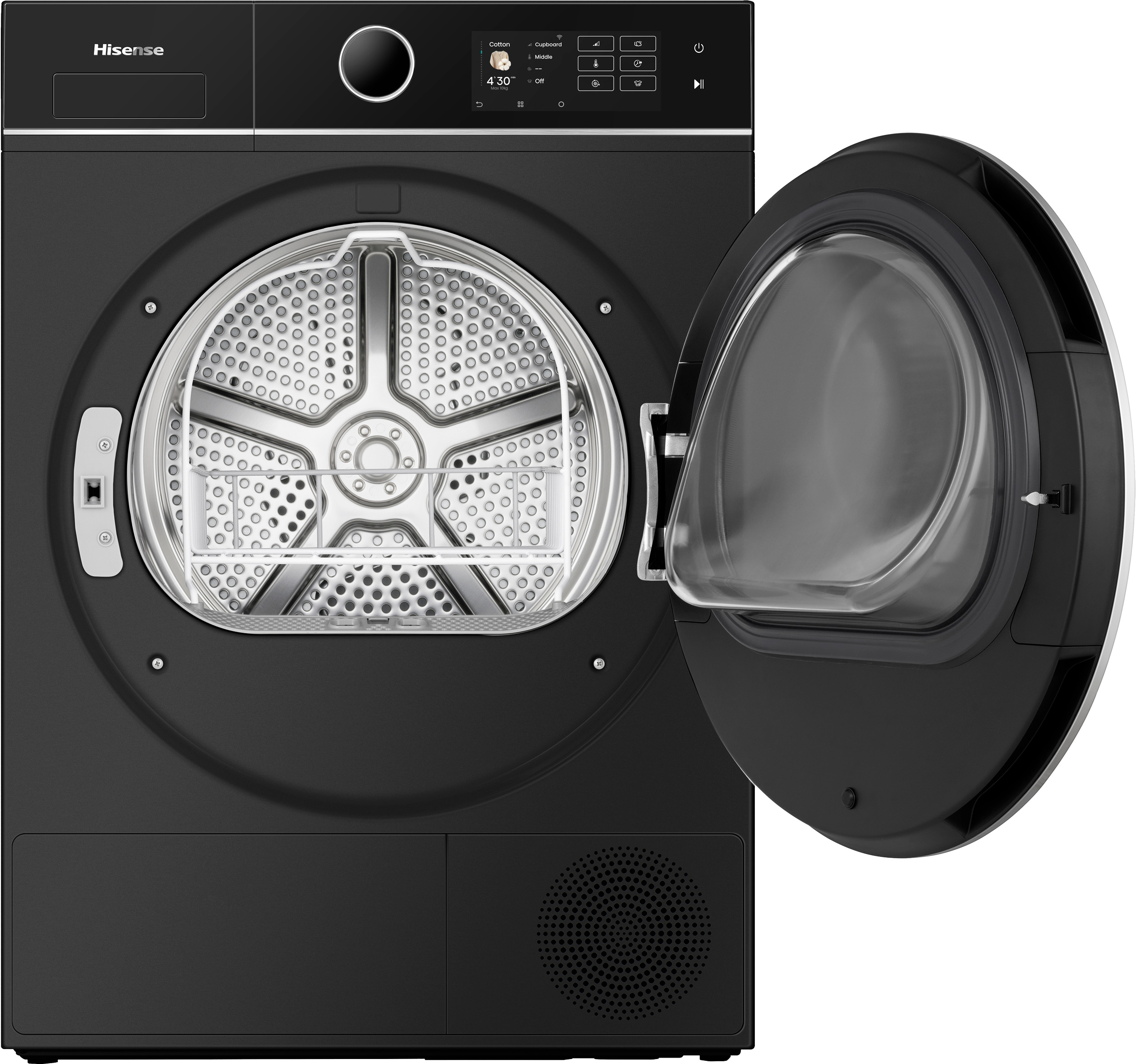 Black Hisense dryer with open door. Drum visible. Control panel displays settings. Silver details.