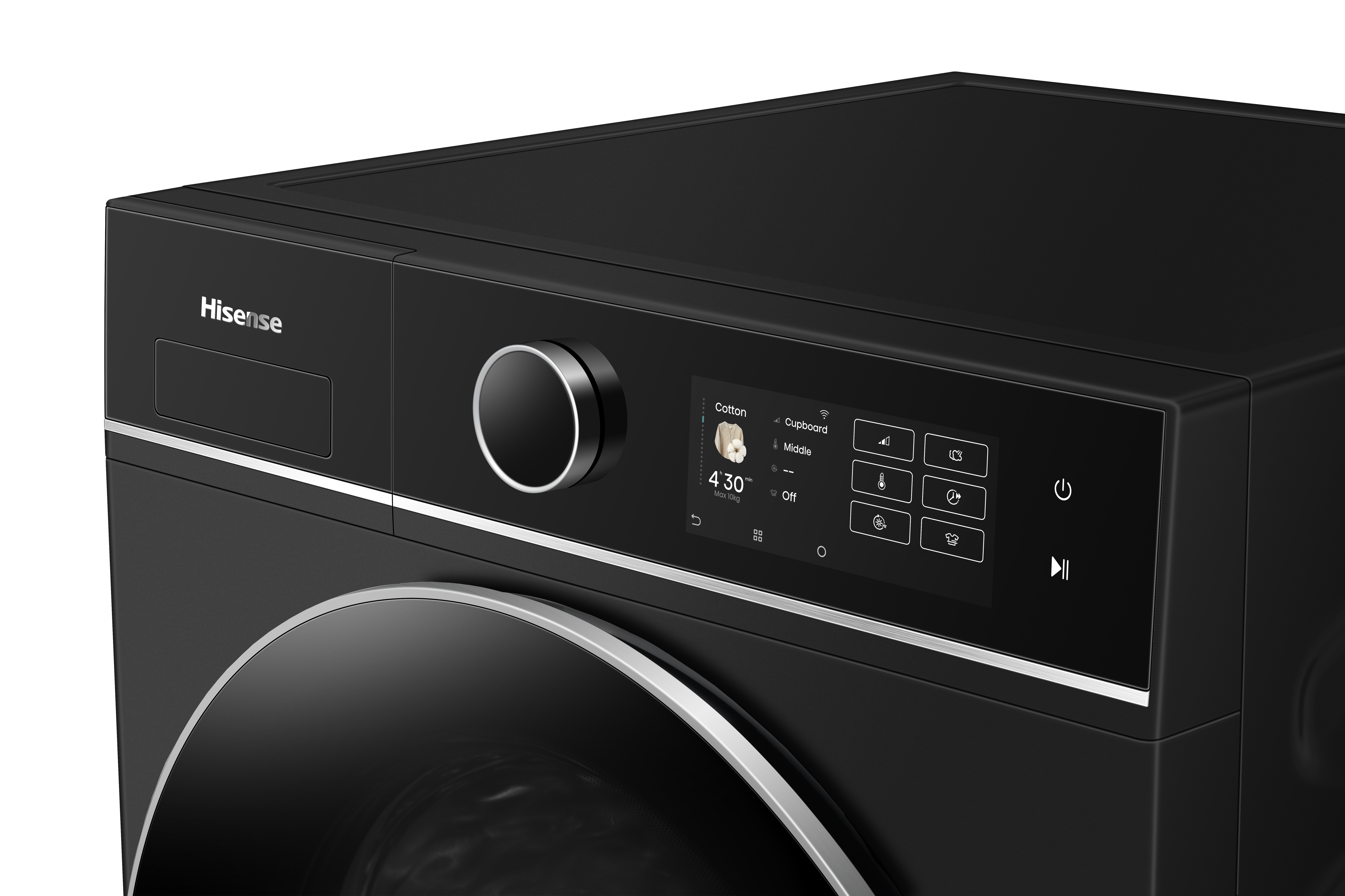 Close-up of a black washing machine with a digital display showing wash settings and time. Hisense logo is visible.