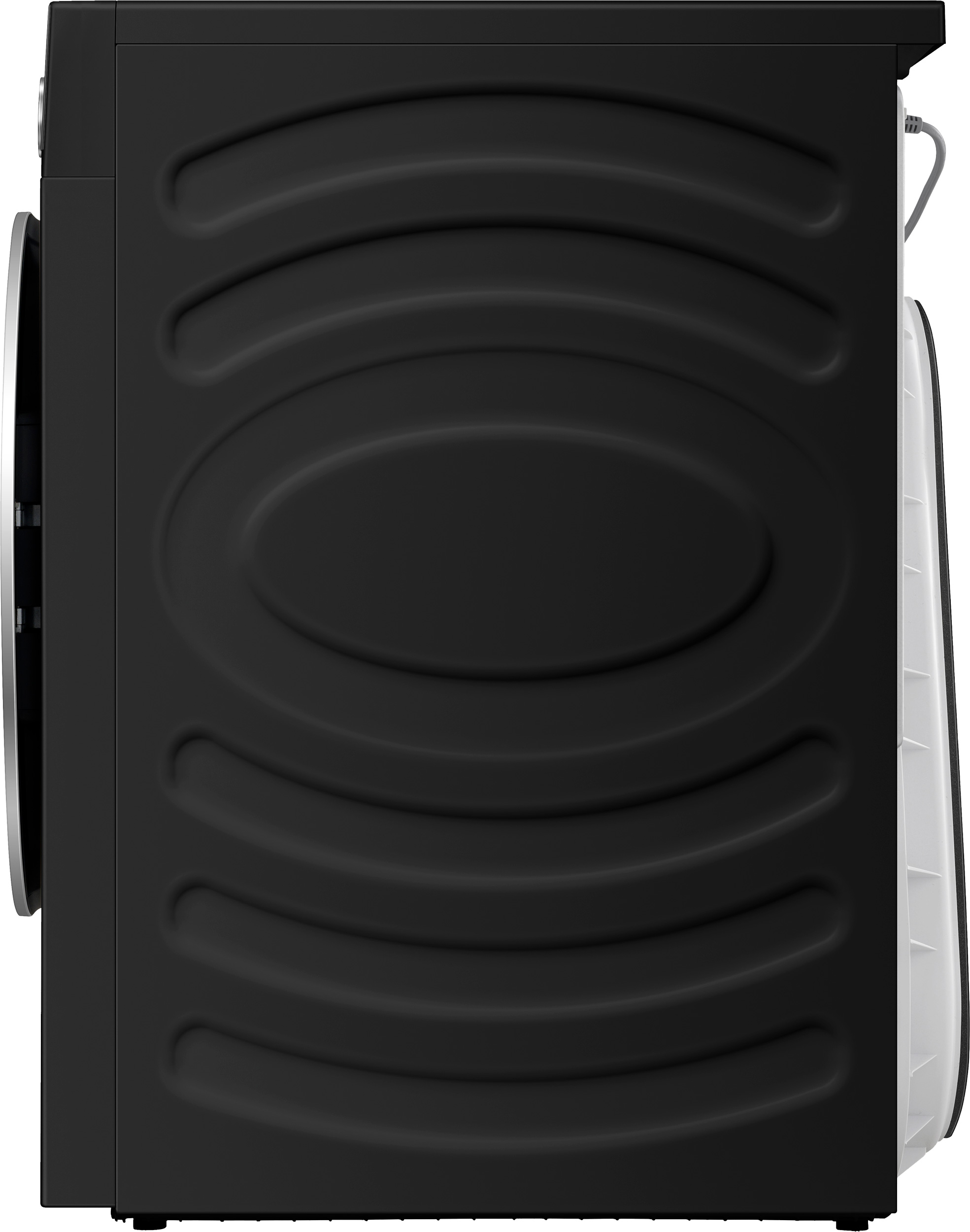 Side view of a black washing machine. It has a curved design on the side panel. The door and back are white.