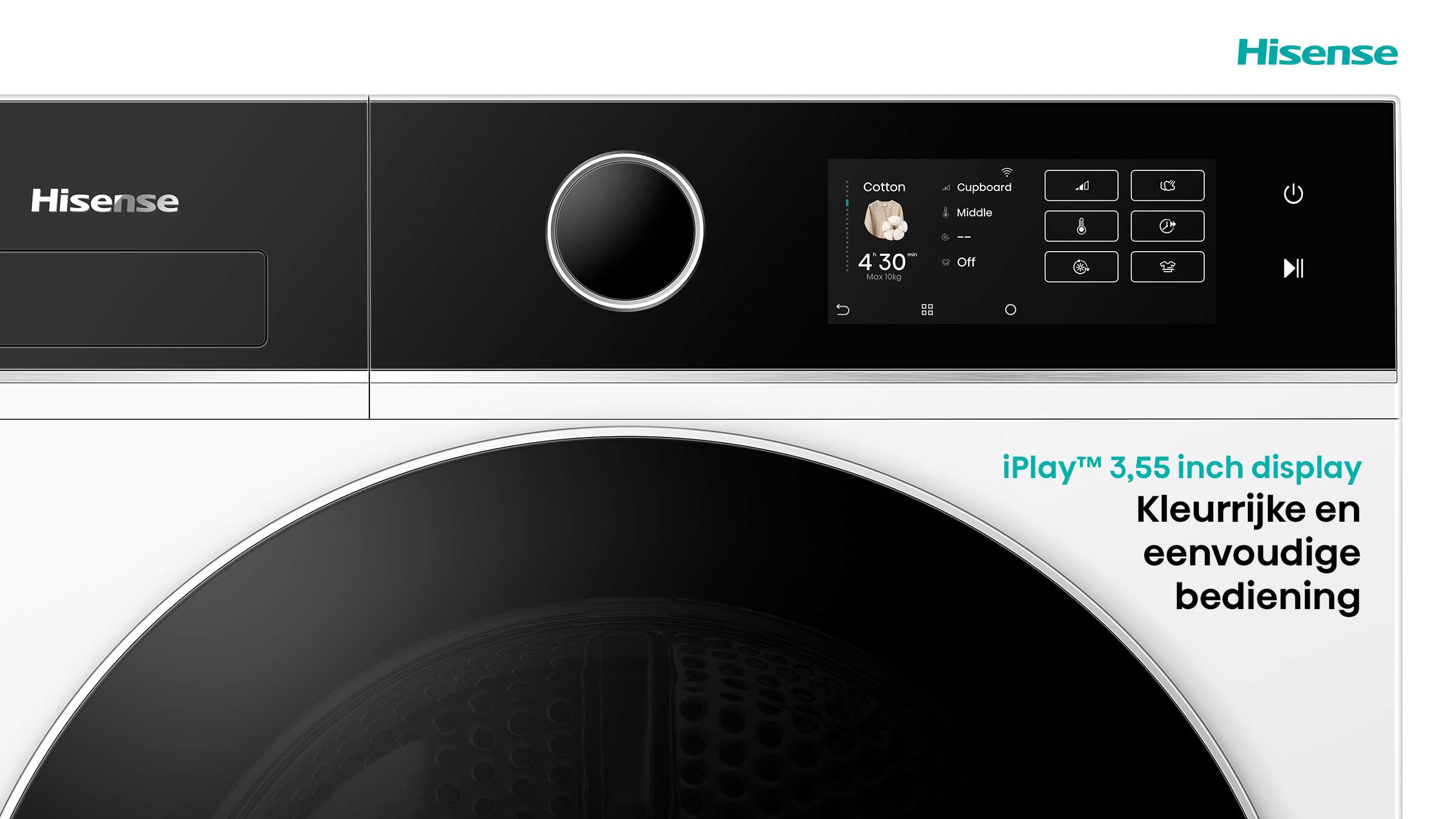 A Hisense washing machine with a black panel and digital display showing wash settings. The machine has a round door.