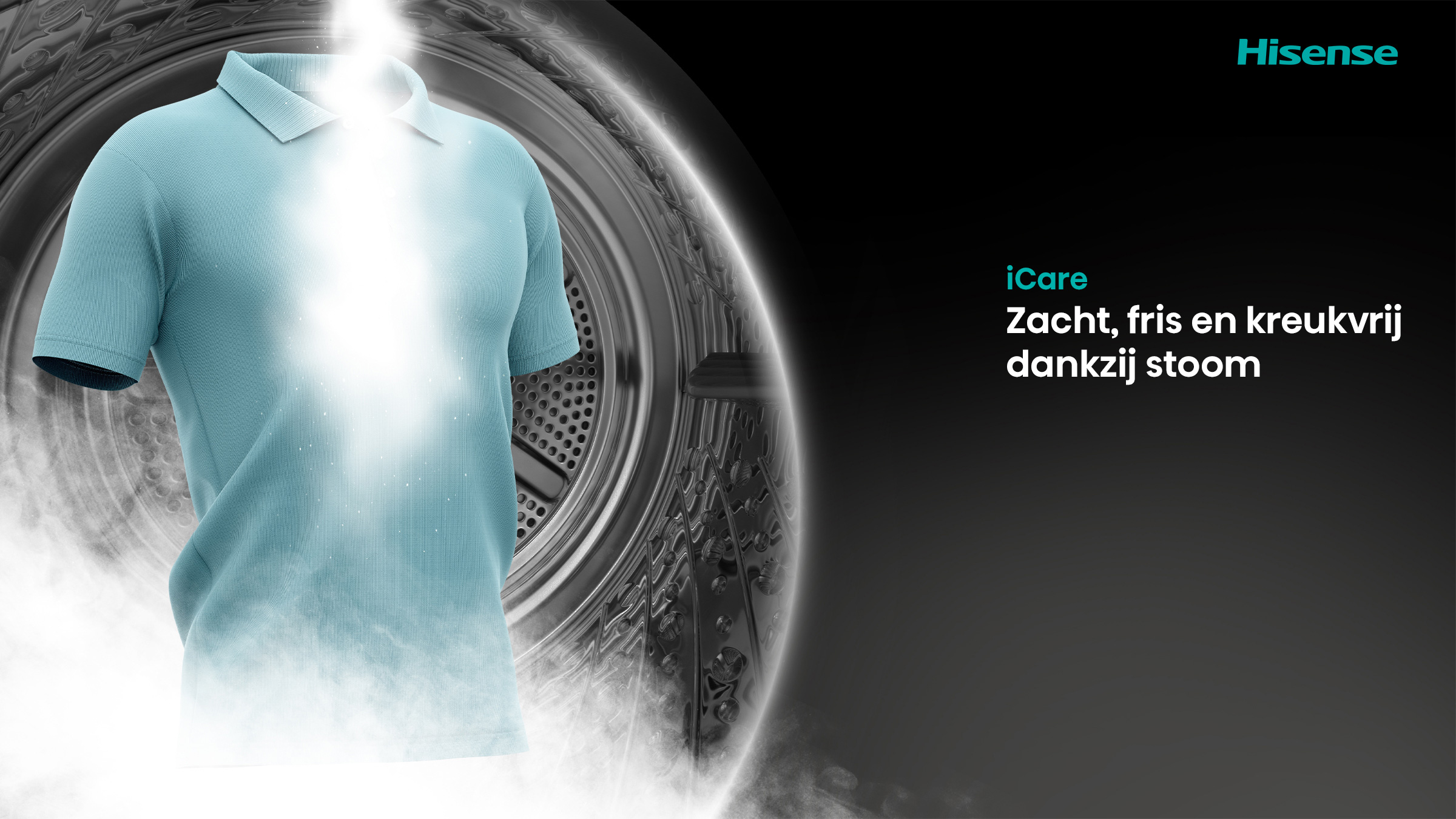 A light blue polo shirt with steam rising, set against a washing machine drum. Text reads 'iCare' and 'Zacht, fris en kreukvrij dankzij stoom'.
