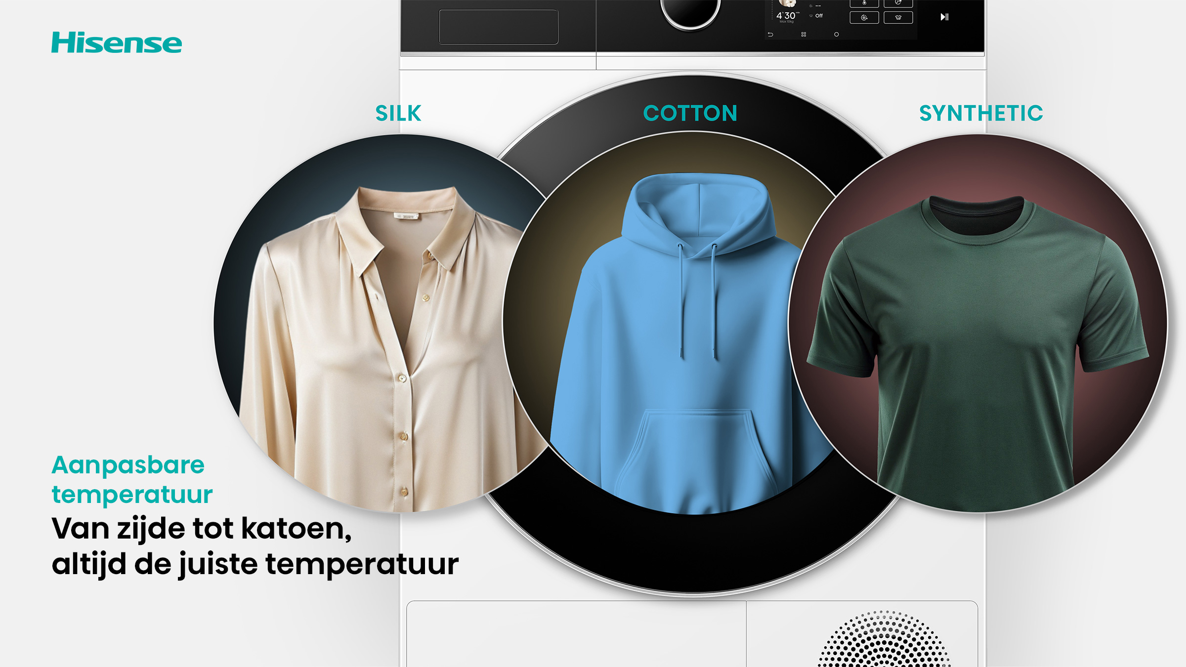Image shows a washing machine display with silk, cotton, and synthetic clothing examples.
