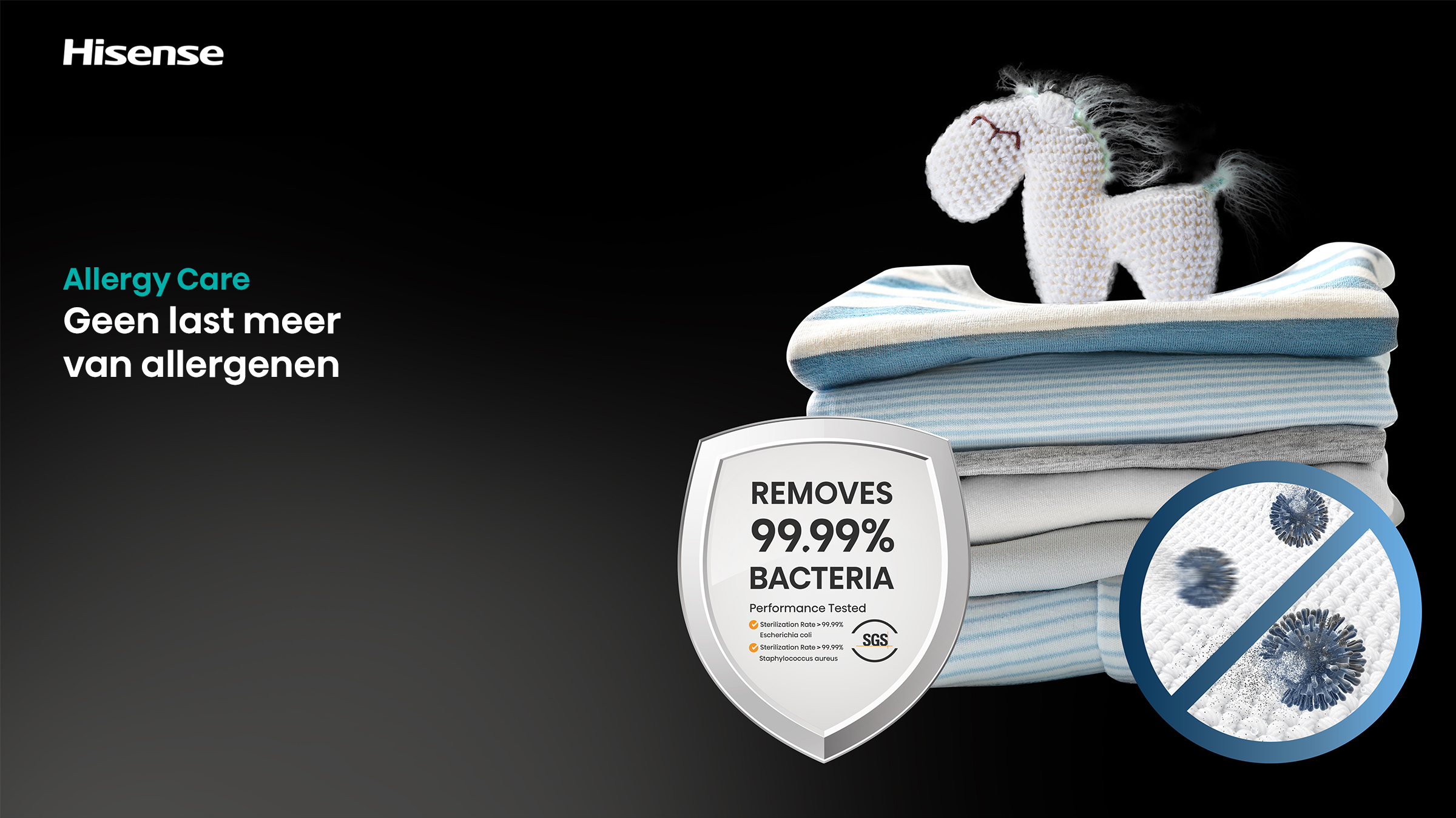 Image shows a stack of clothes with a toy horse on top. A badge indicates 99.99% bacteria removal. Text: Allergy Care.