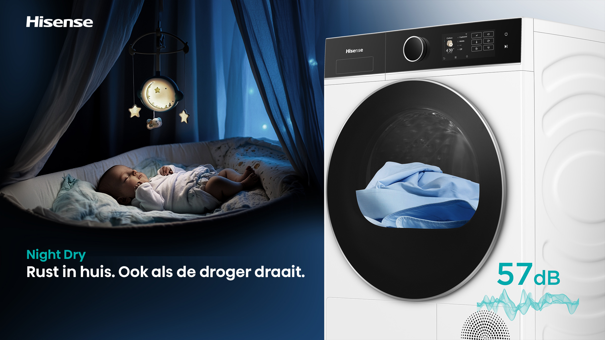 A baby sleeps near a Hisense dryer with clothes inside. The dryer shows a low noise level of 57dB.