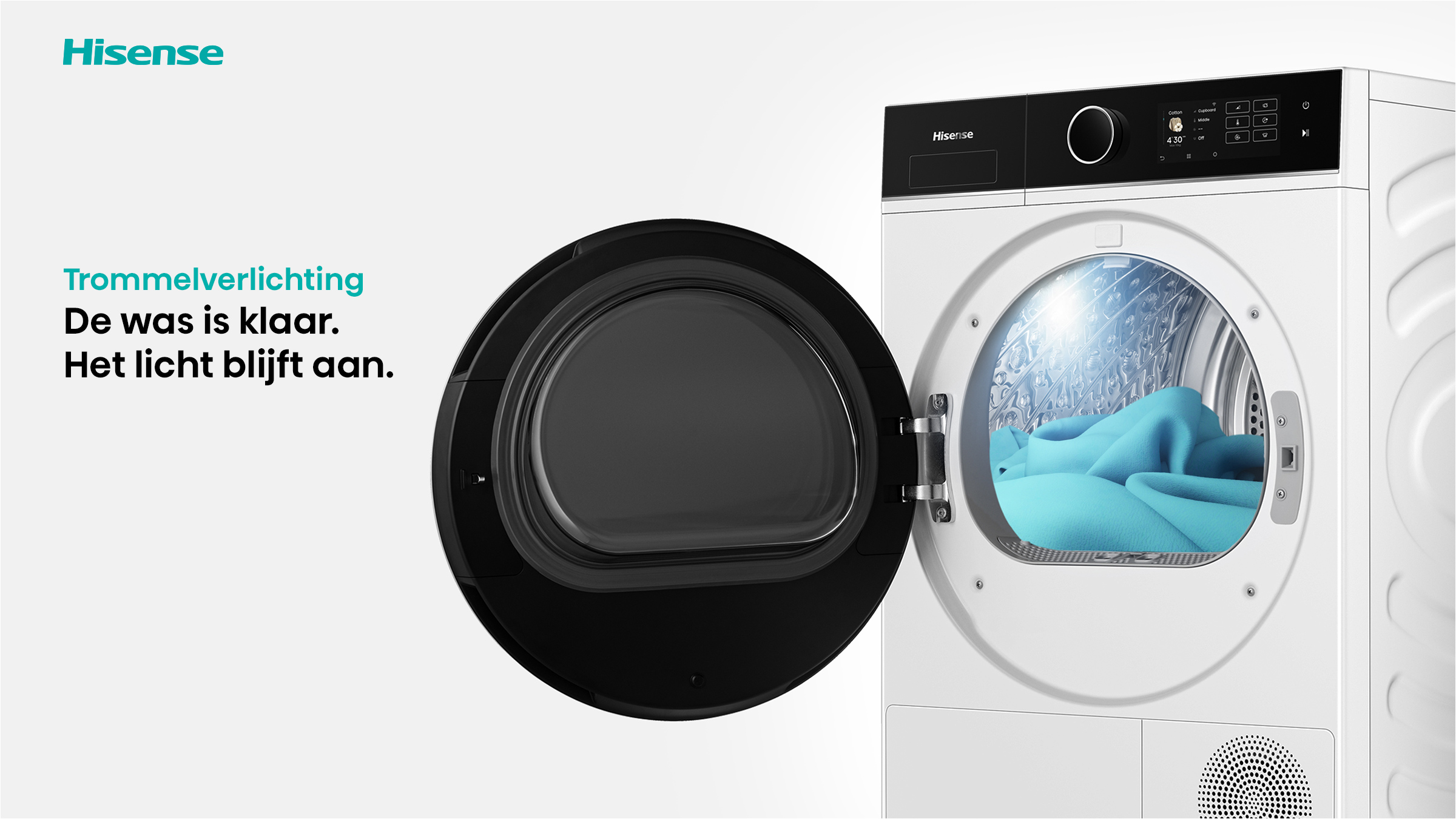 A Hisense dryer with an open door. Inside, blue laundry is visible. The controls are on the top right.