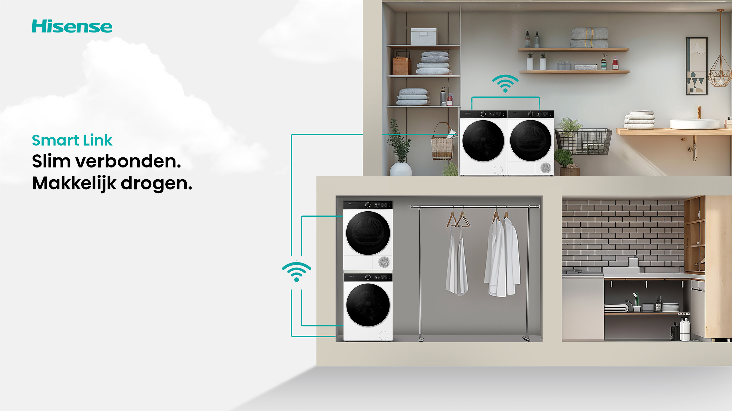 Image shows washing machines, a laundry room, and text. The machines have a wifi signal. The text says Smart Link and easy drying.