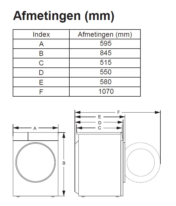 Diagram of a washing machine with dimensions labeled. Table shows measurements in mm for A, B, C, D, E, and F. 