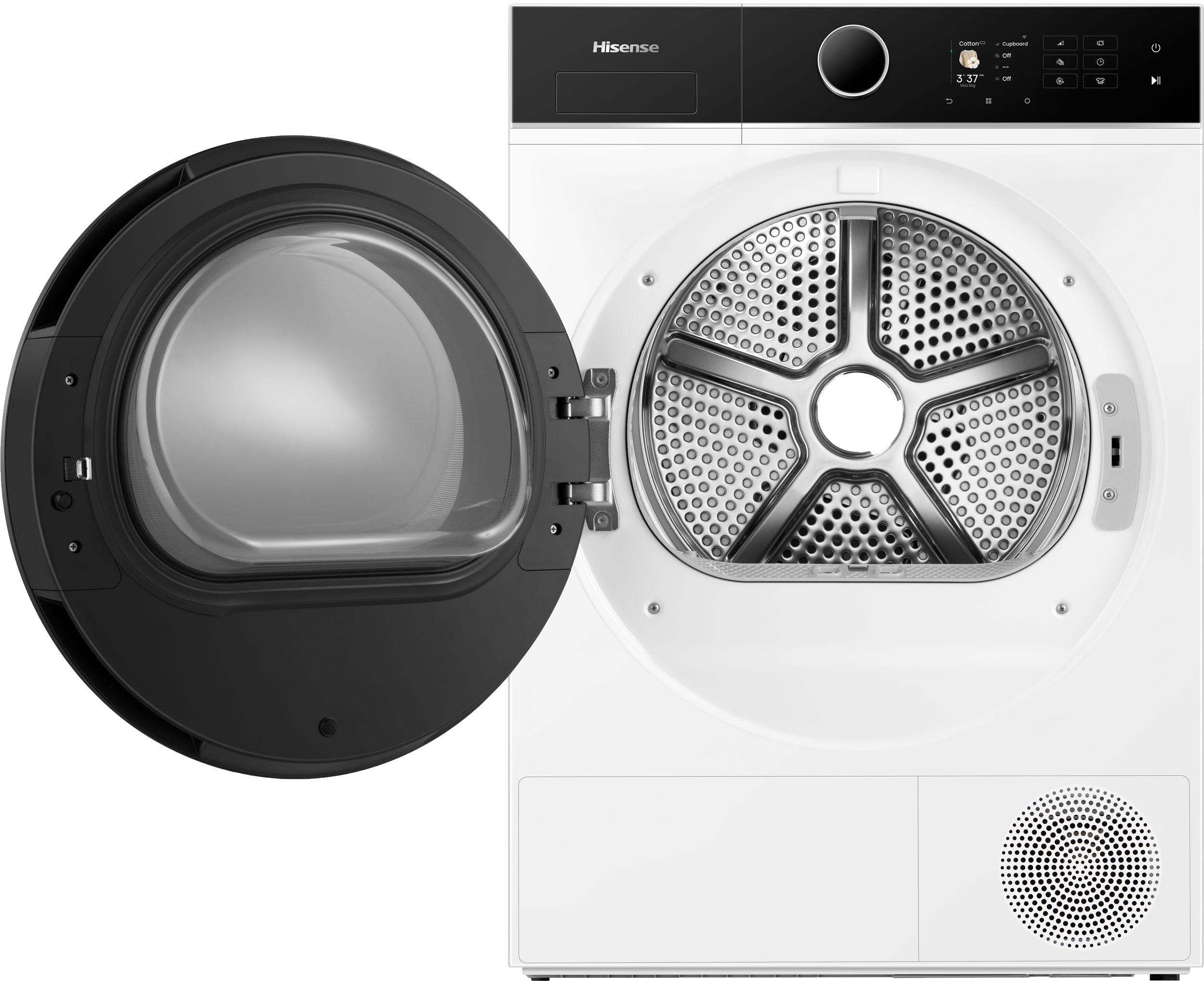 A white Hisense dryer with an open black door. The drum is visible, and the control panel is lit.