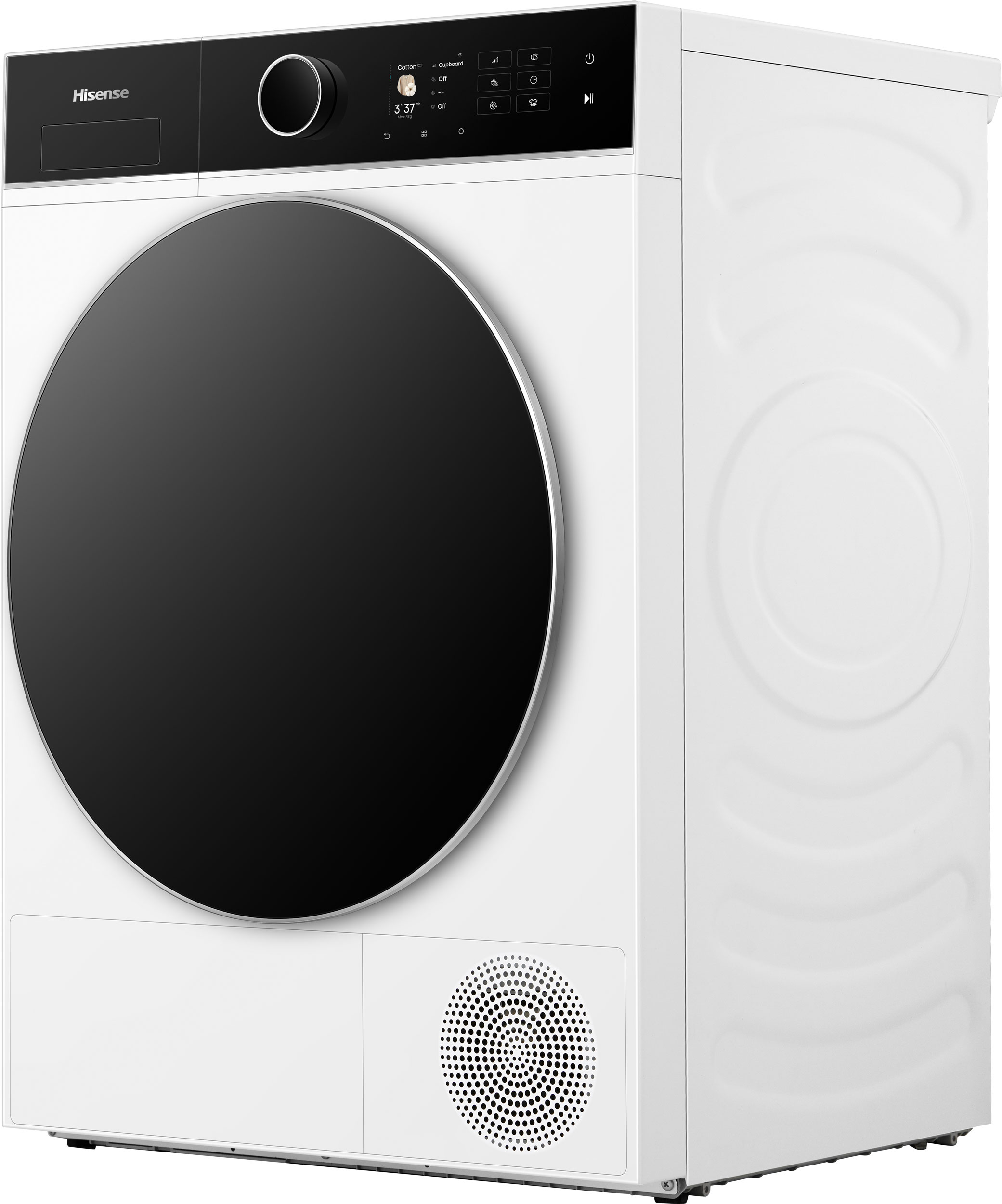 A white Hisense dryer with a black door and control panel. It has a round door and a circular air vent.