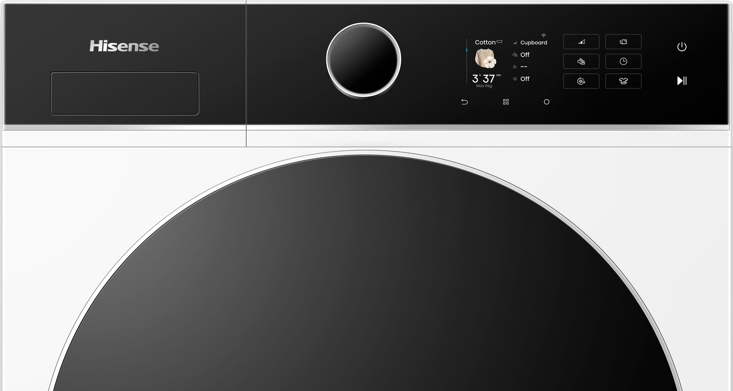 A white and black washing machine with a digital display showing settings and a large, curved door.