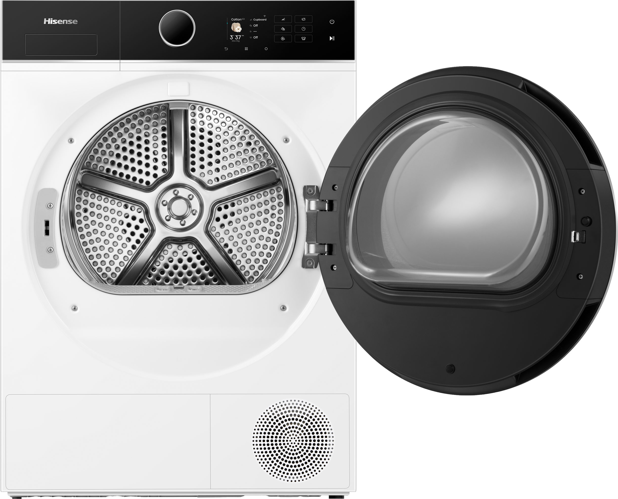 A white Hisense dryer with an open black door. The drum is visible, and the control panel is at the top.