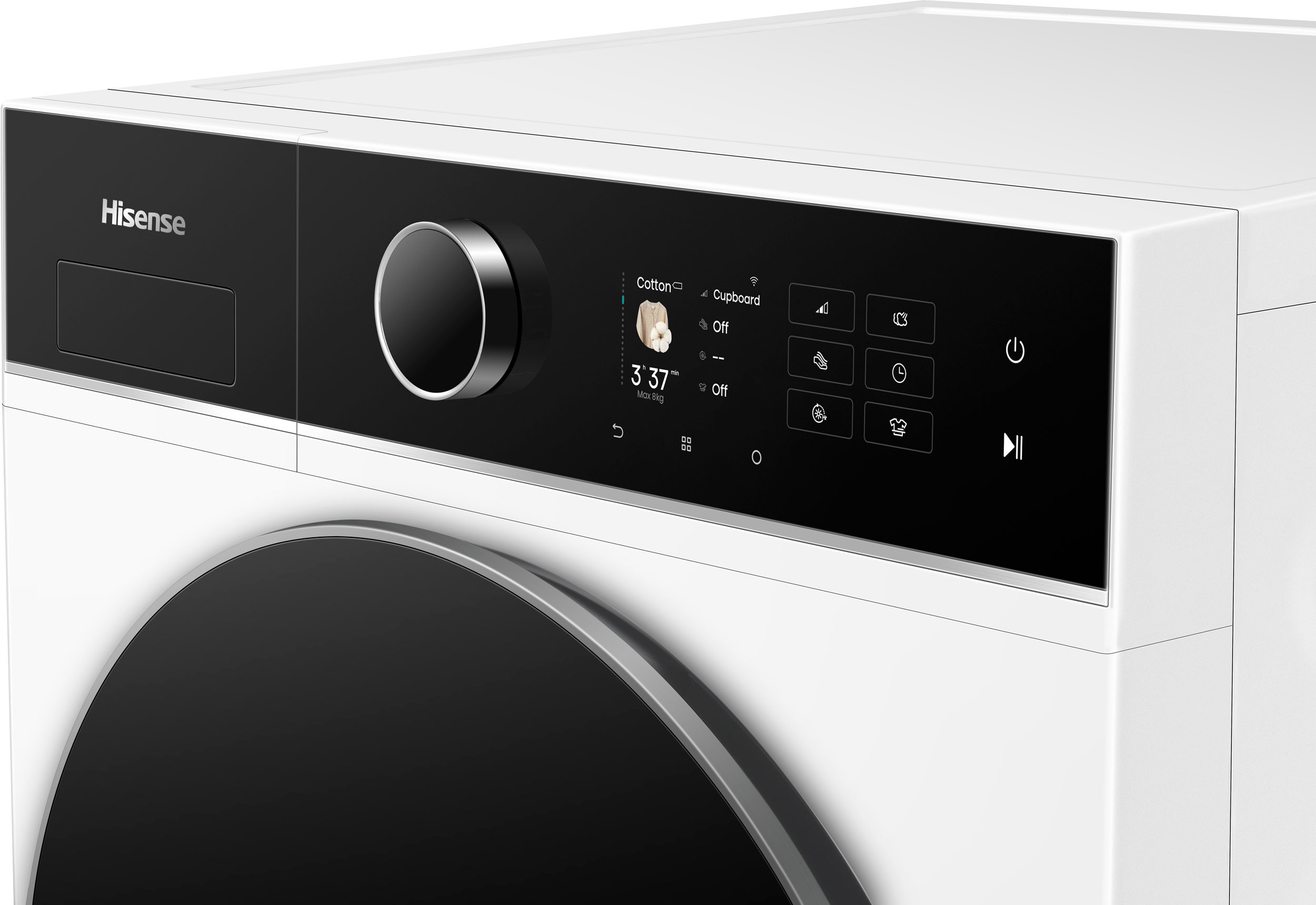 A white and black Hisense washing machine with a control panel showing settings and time.