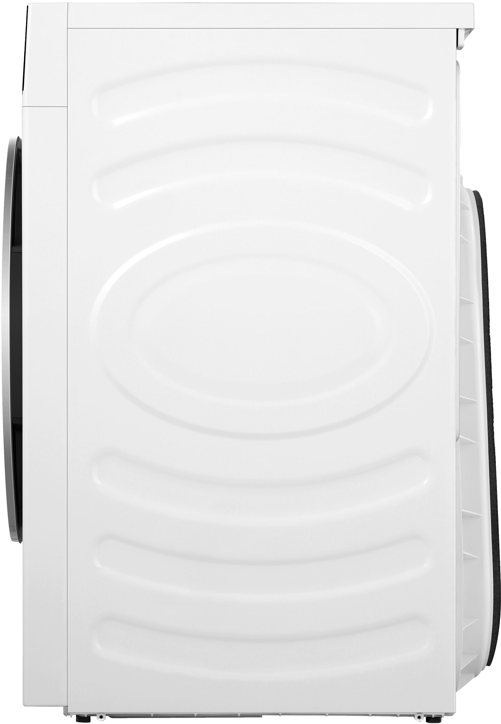 Side view of a white washing machine. It has a curved design with a black door and a black back panel.