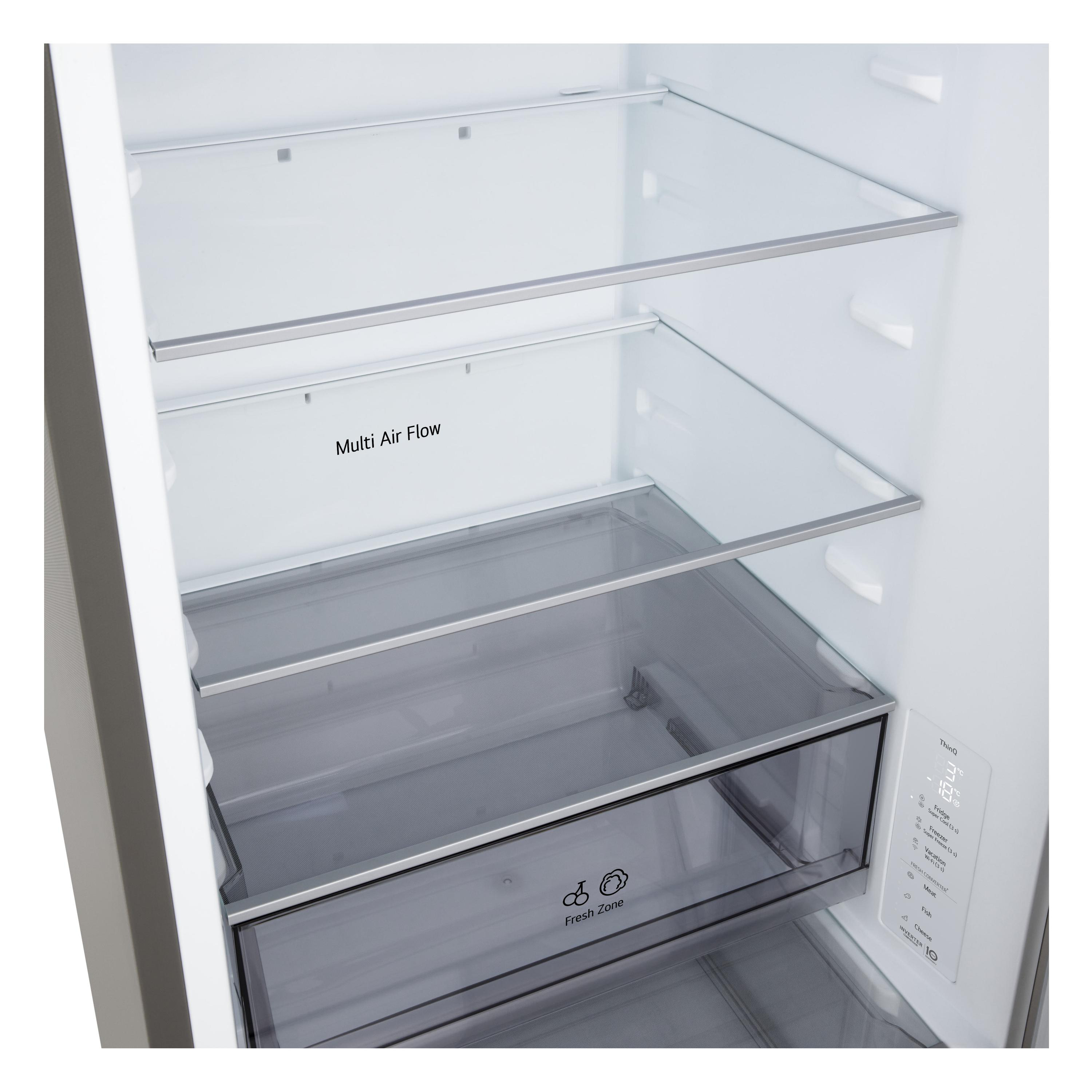 Im Inneren eines Kühlschranks sind Regale, Schubladen und eine Digitalanzeige sichtbar. Die Schublade „Fresh Zone“ ist beschriftet.