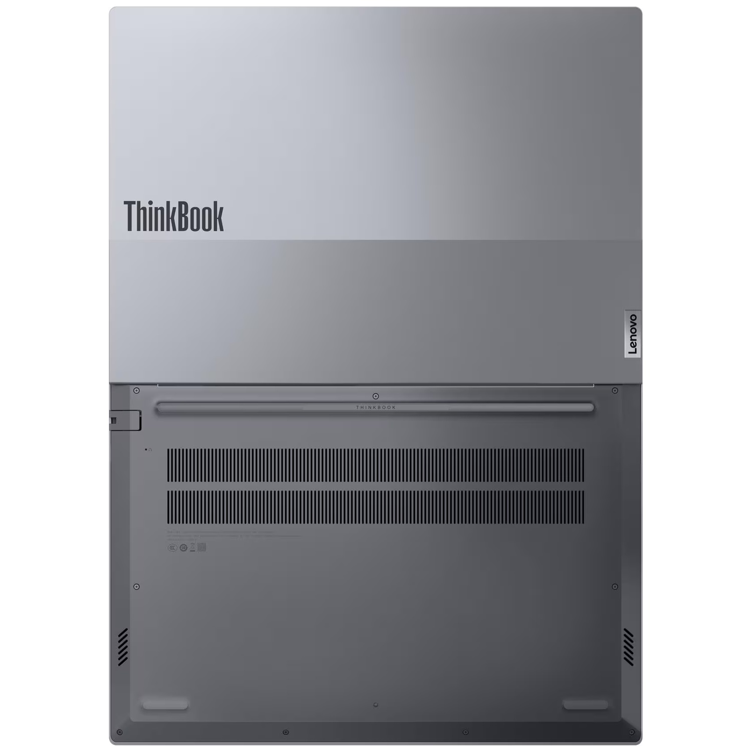 Vue de dessus d'un ordinateur portable Lenovo ThinkBook argenté. Le logo ThinkBook est visible, ainsi que la marque Lenovo. Le bas a des évents.