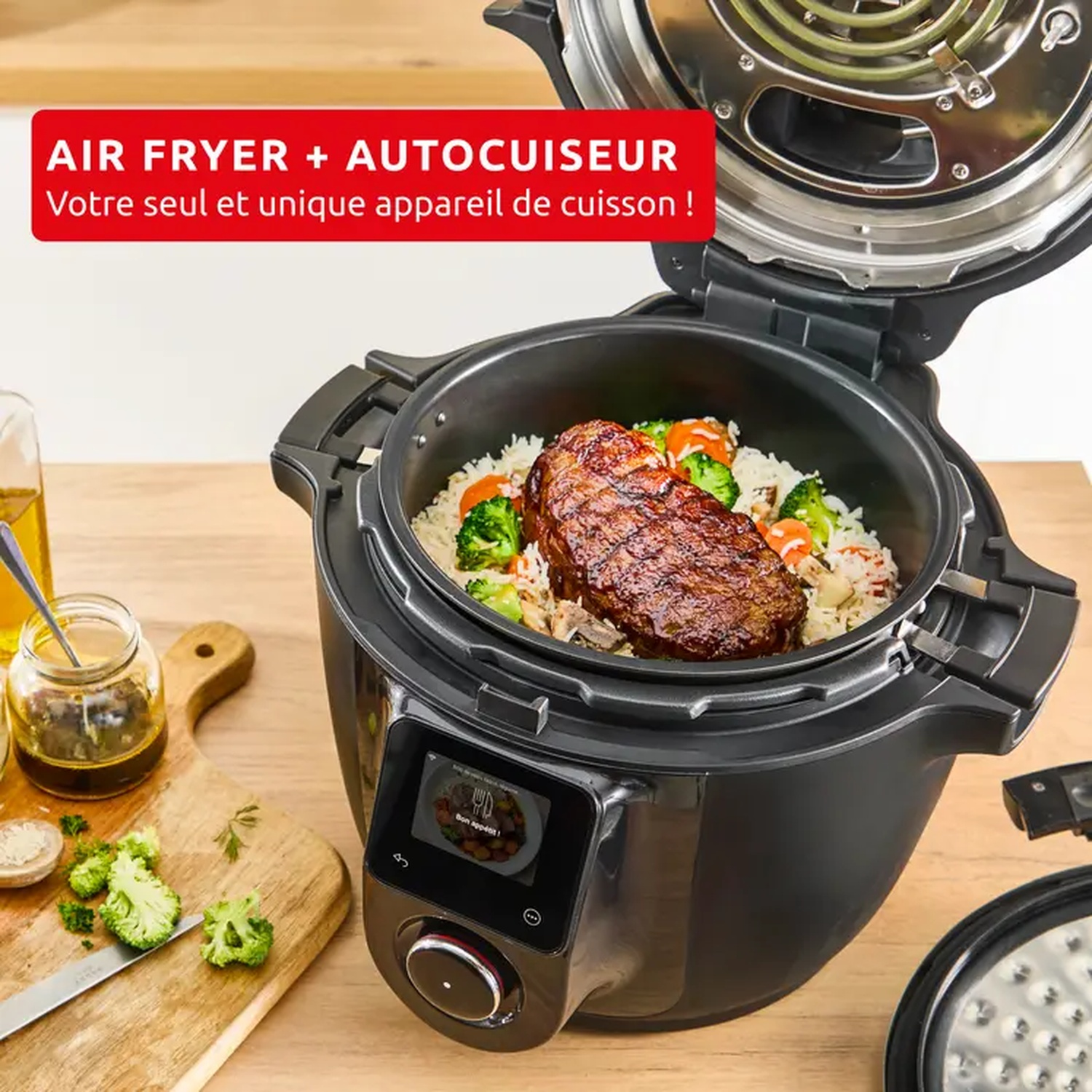 An air fryer with food inside, a steak and vegetables. A cutting board with broccoli and oil. Text overlay: Air Fryer + Autocuiseur.