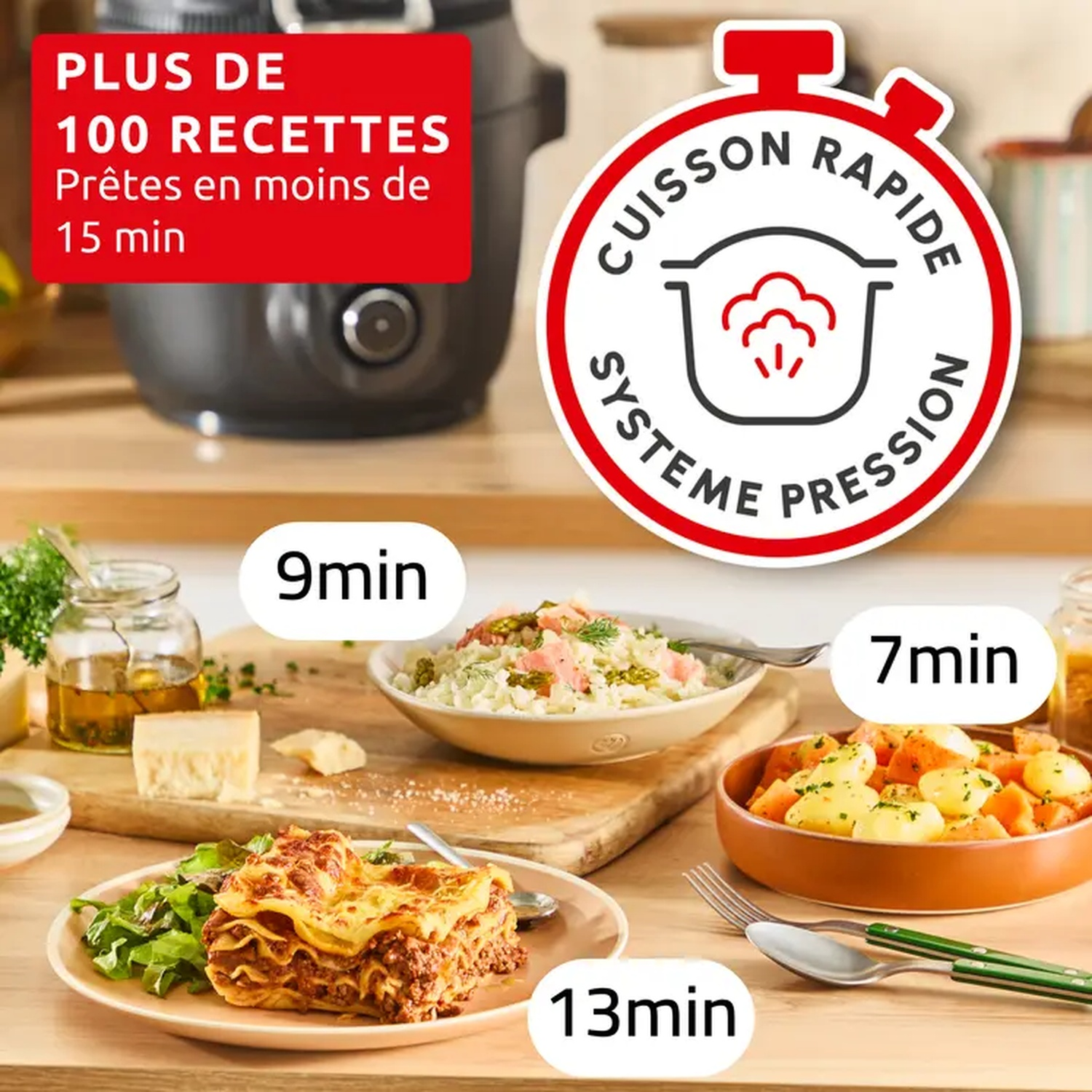 Image shows a pressure cooker with text indicating quick cooking. Dishes like lasagna, rice, and potatoes are displayed with cooking times.