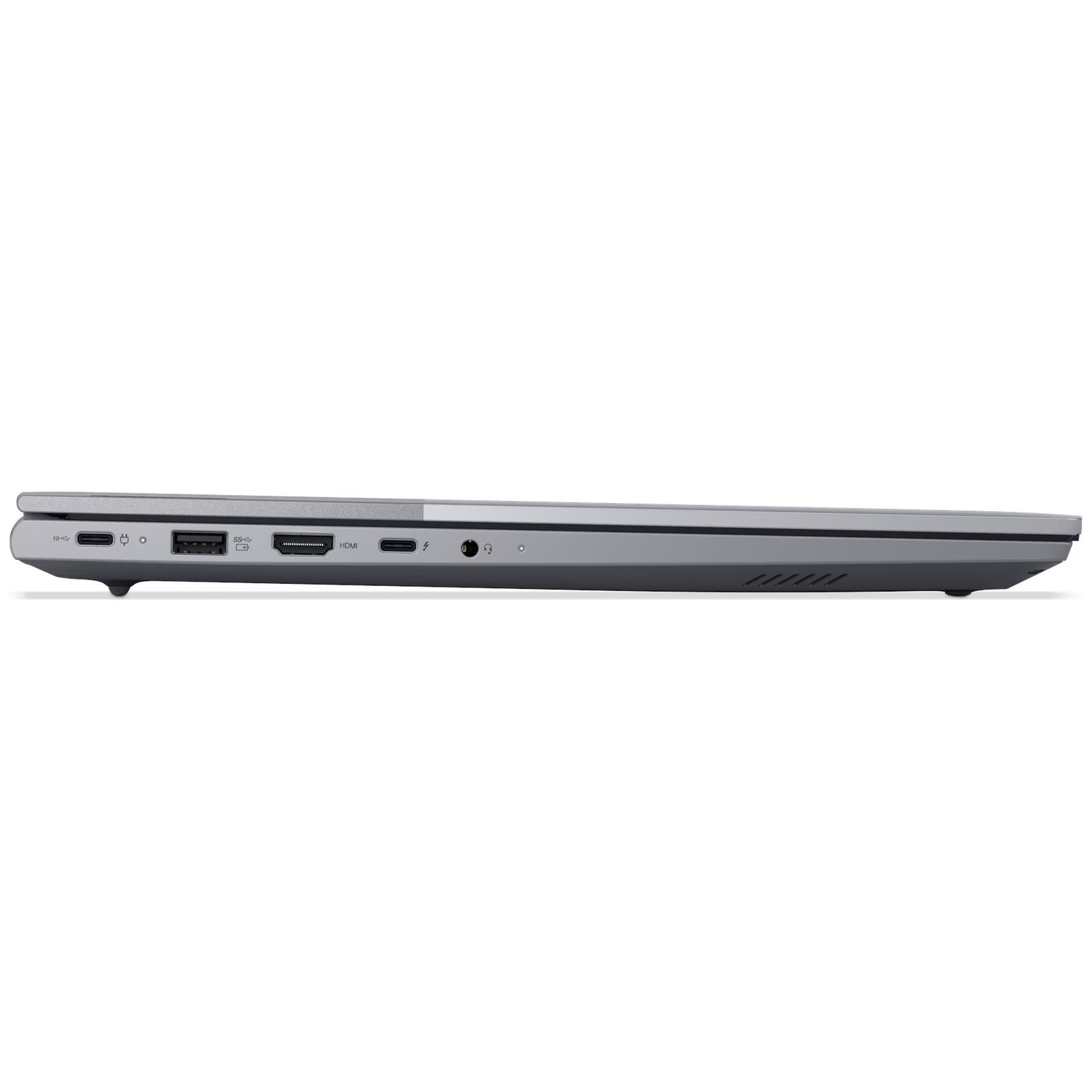Vue latérale d'un ordinateur portable gris fermé. Les ports incluent USB, HDMI et prise audio. L'ordinateur portable est sur fond blanc.