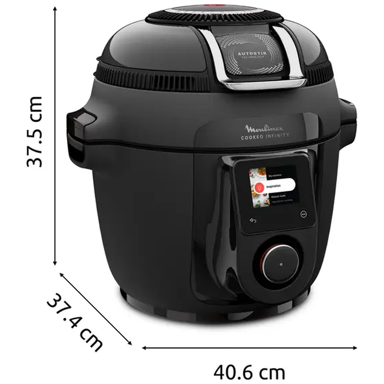 Black Moulinex Cookeo Infinity. It has a touchscreen, and the Autostir technology. Dimensions are labeled on the image.