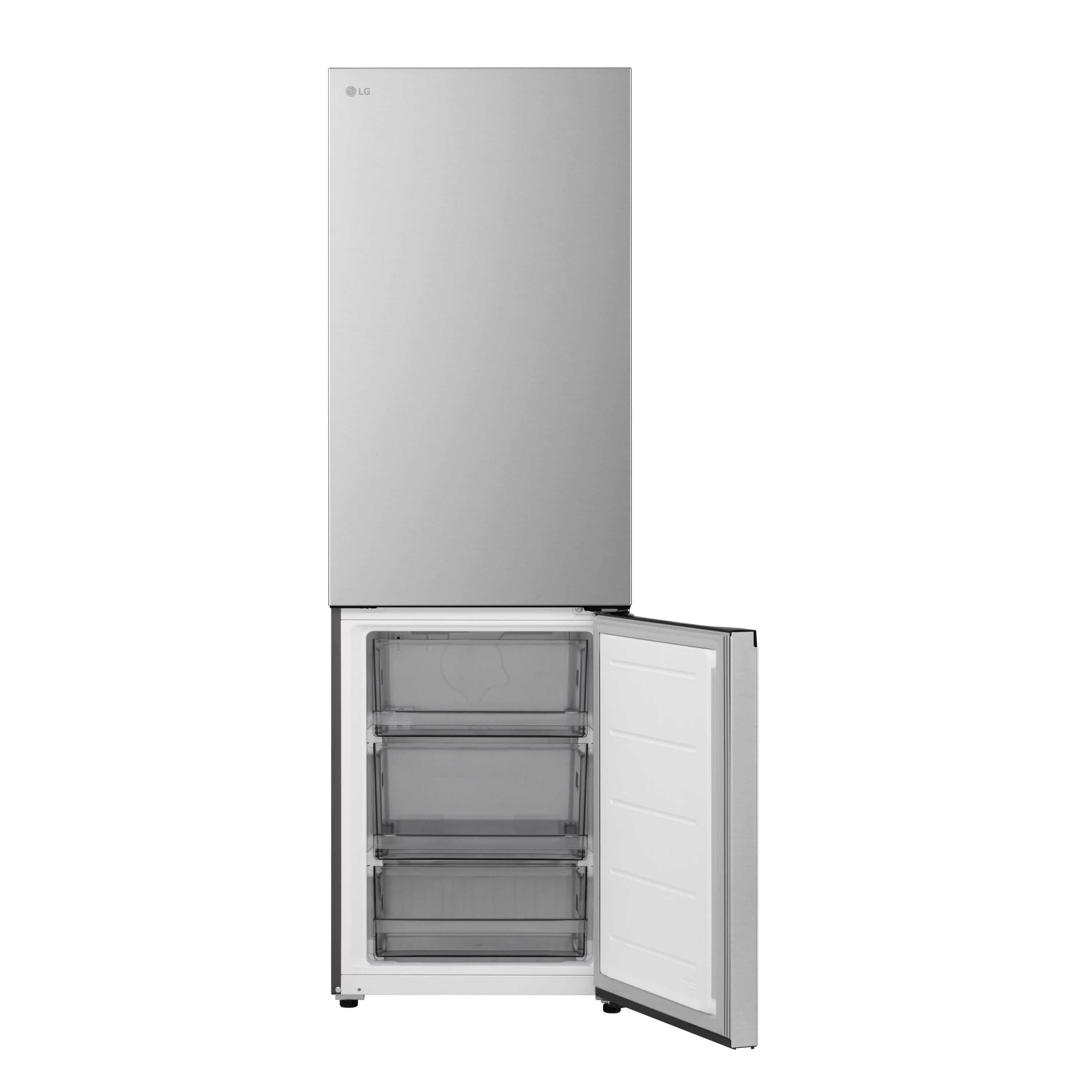 Ein silberner LG-Kühlschrank mit geöffneter Gefriertür. Im Inneren sind zwei Schubladen sichtbar. Der Hintergrund ist weiß.