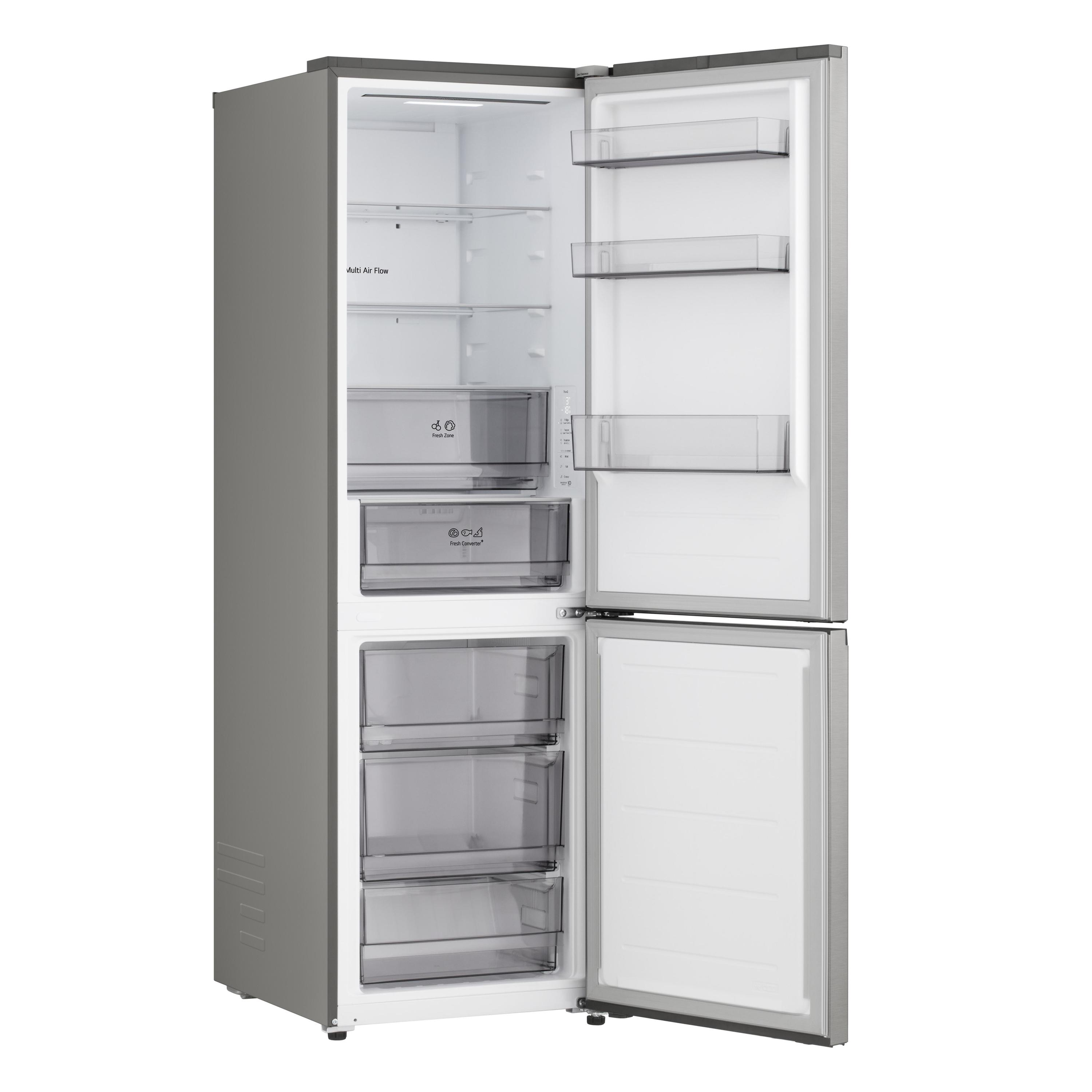 Offener Kühlschrank. Graue Außenseite, weißer Innenraum. Obere Tür offen, zeigt Regale. Untere Tür offen, zeigt Schubladen.