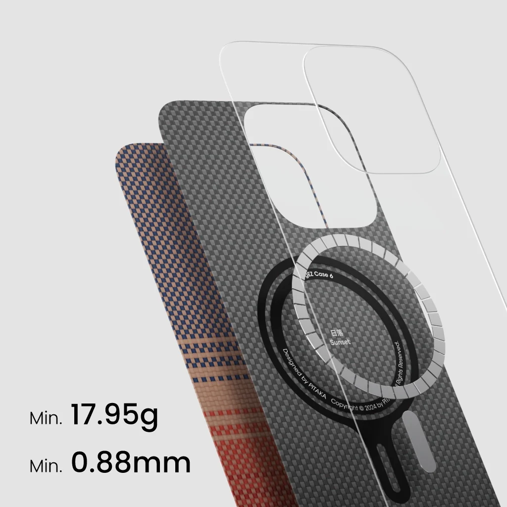 Telefontok rétegek: átlátszó, szénszál és mintás szövet. A szöveg 17,95g és 0,88mm. A tokban egy mágnesgyűrű van szöveggel.