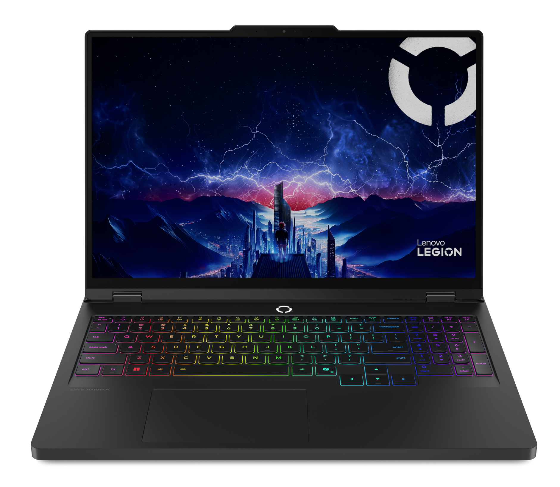 Laptop z kolorową klawiaturą. Ekran pokazuje miasto z błyskawicami, logo Lenovo Legion po prawej.