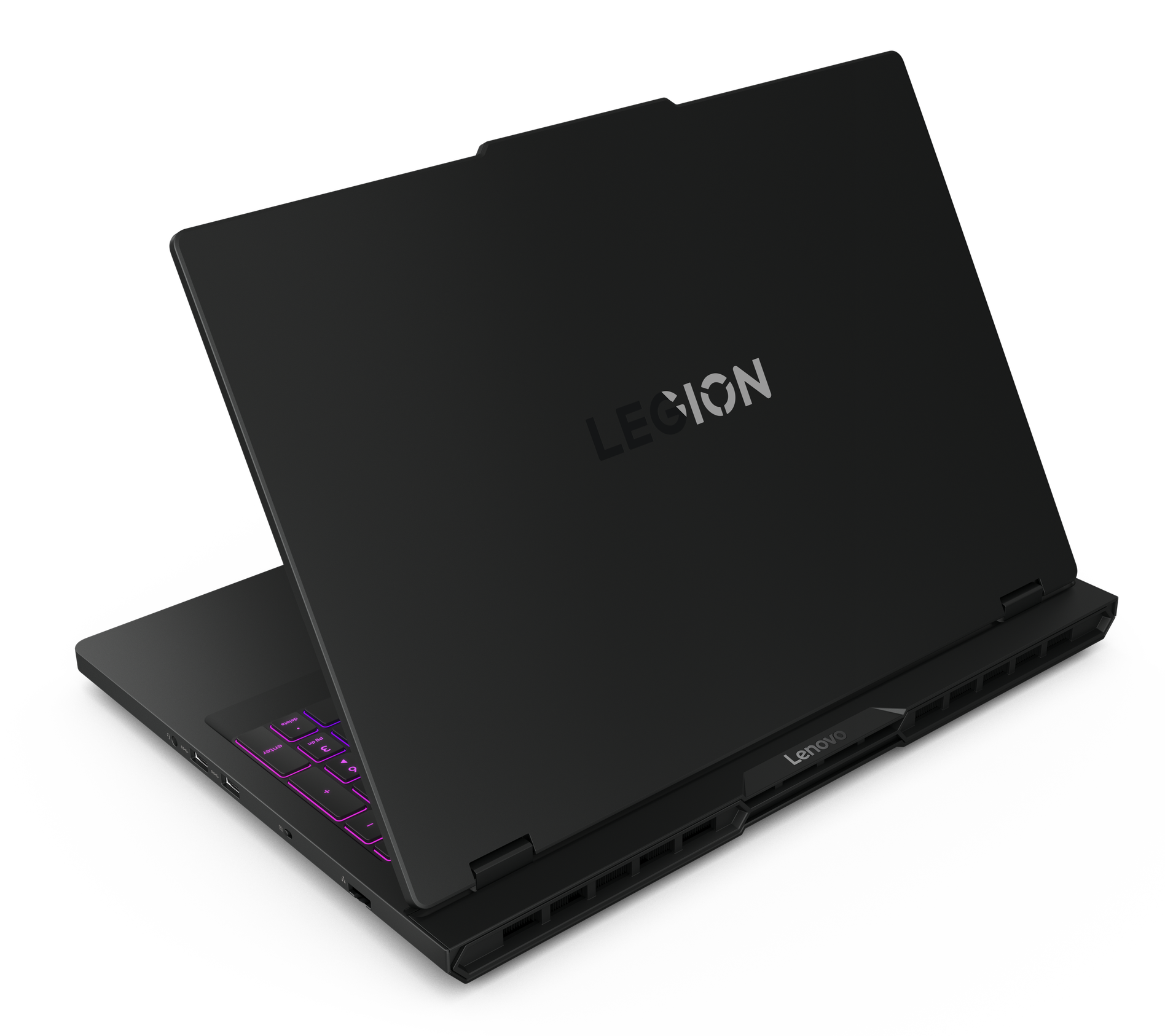 Czarny laptop Lenovo Legion na czarnym tle. Klawiatura z fioletowym podświetleniem. Widoczne logo Legion.