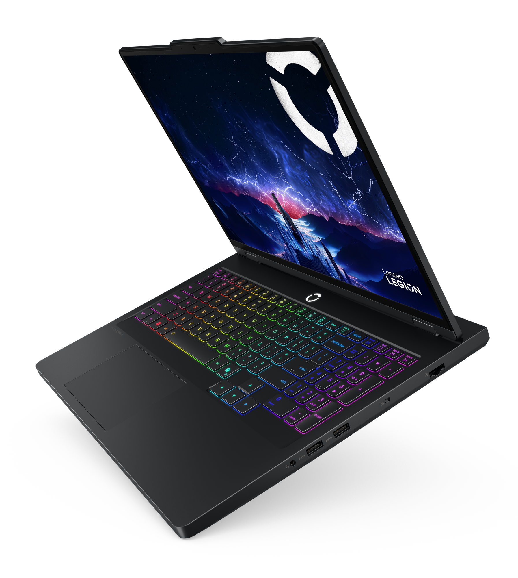 Czarny laptop z podświetlaną na tęczowo klawiaturą, ekranem z burzą, logo Legion i czarnym tłem.