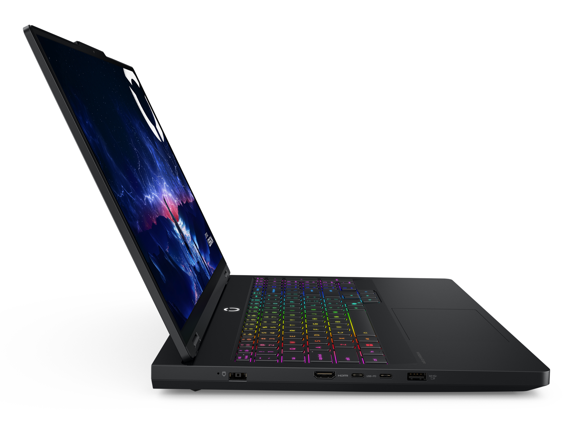 Czarny laptop z kolorową klawiaturą, otwarty na ciemnym tle. Ekran wyświetla niebiesko-czerwony obraz.