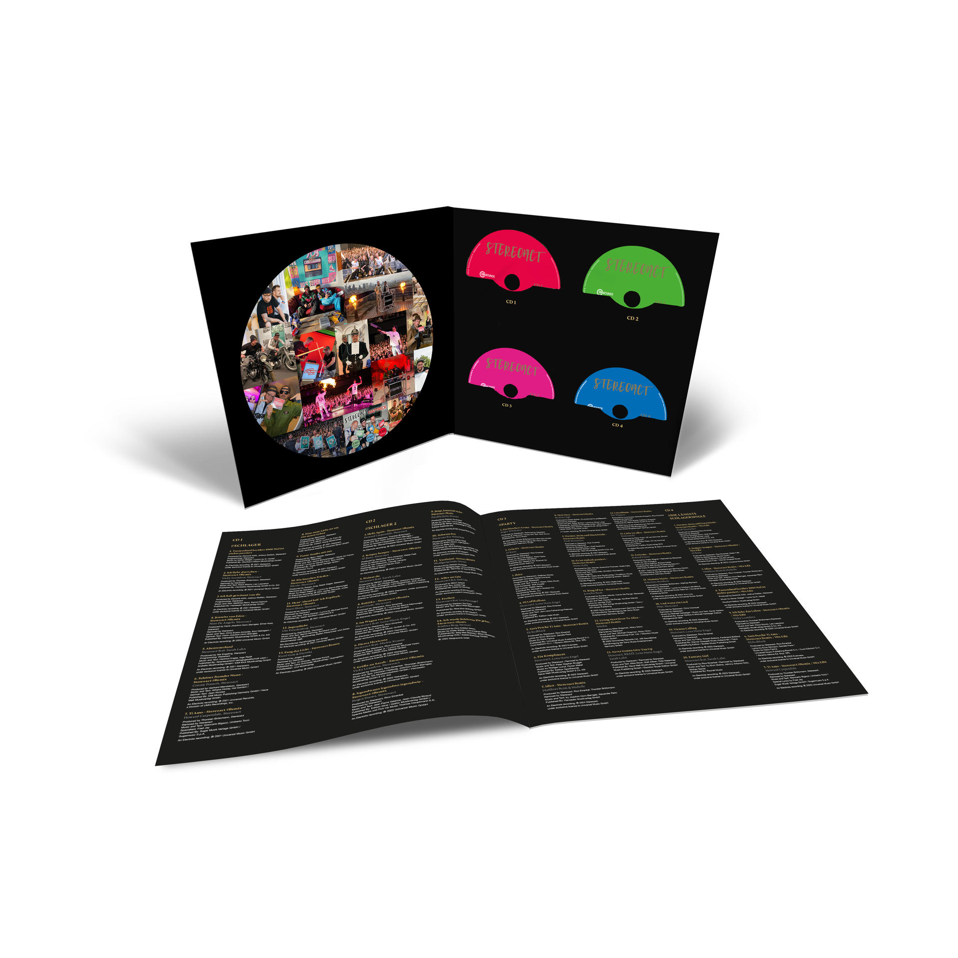 Offene CD-Hülle mit Bildcollage, vier farbigen CDs und Texten auf schwarzen Seiten. Die Hülle ist abgewinkelt.