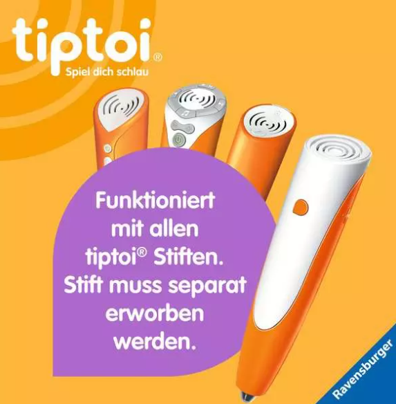 Das Bild zeigt tiptoi-Stifte und Text. Stifte sind orange und weiß. Eine lila Blase enthält deutschen Text über die Stifte.