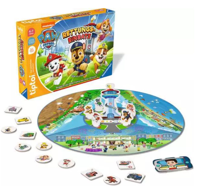 Paw Patrol Brettspiel-Set. Enthält Spielbrett, Teile und Schachtel. Dargestellte Charaktere sind Chase, Marshall und Skye.