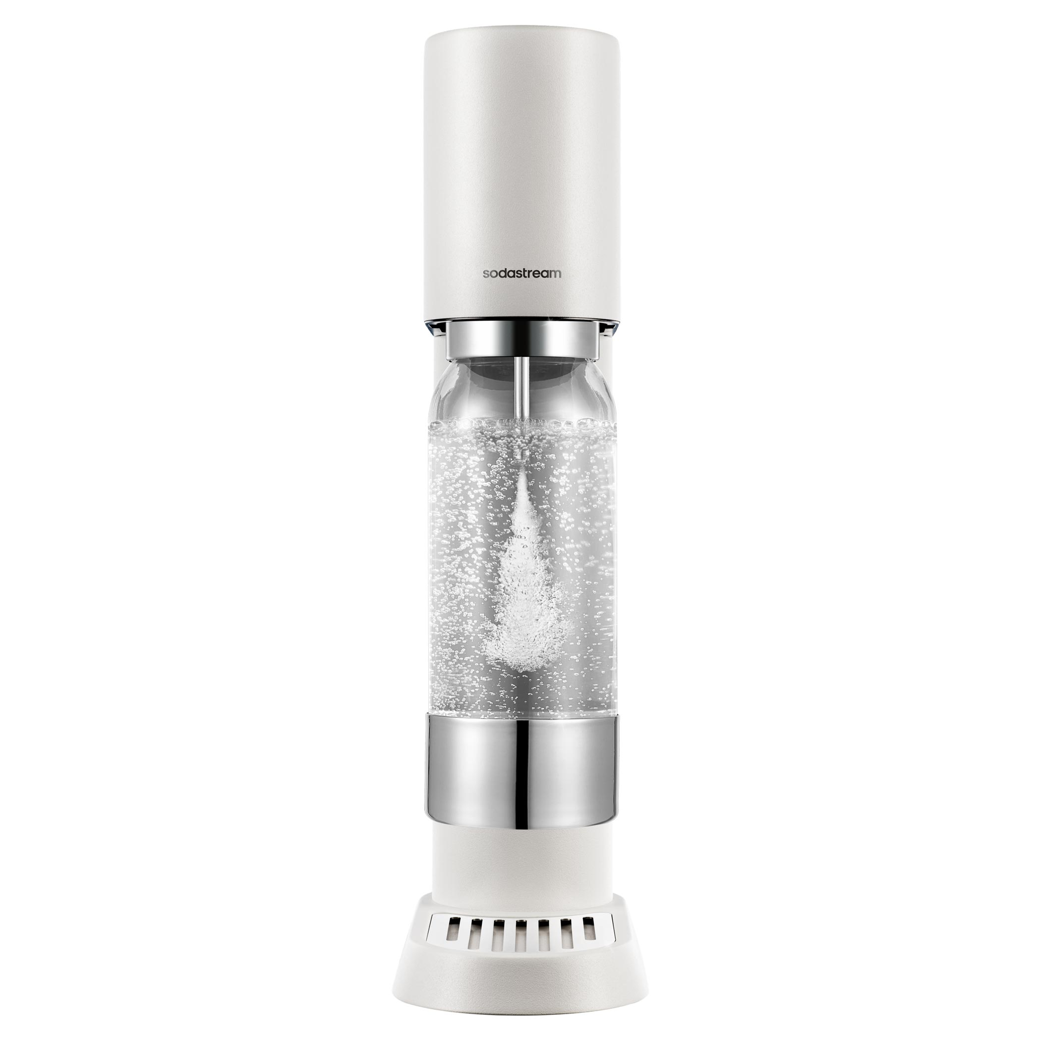 Egy fehér SodaStream gép. Az üveg tele van buborékokkal. Fehér felületen, fehér háttérben izolálva.