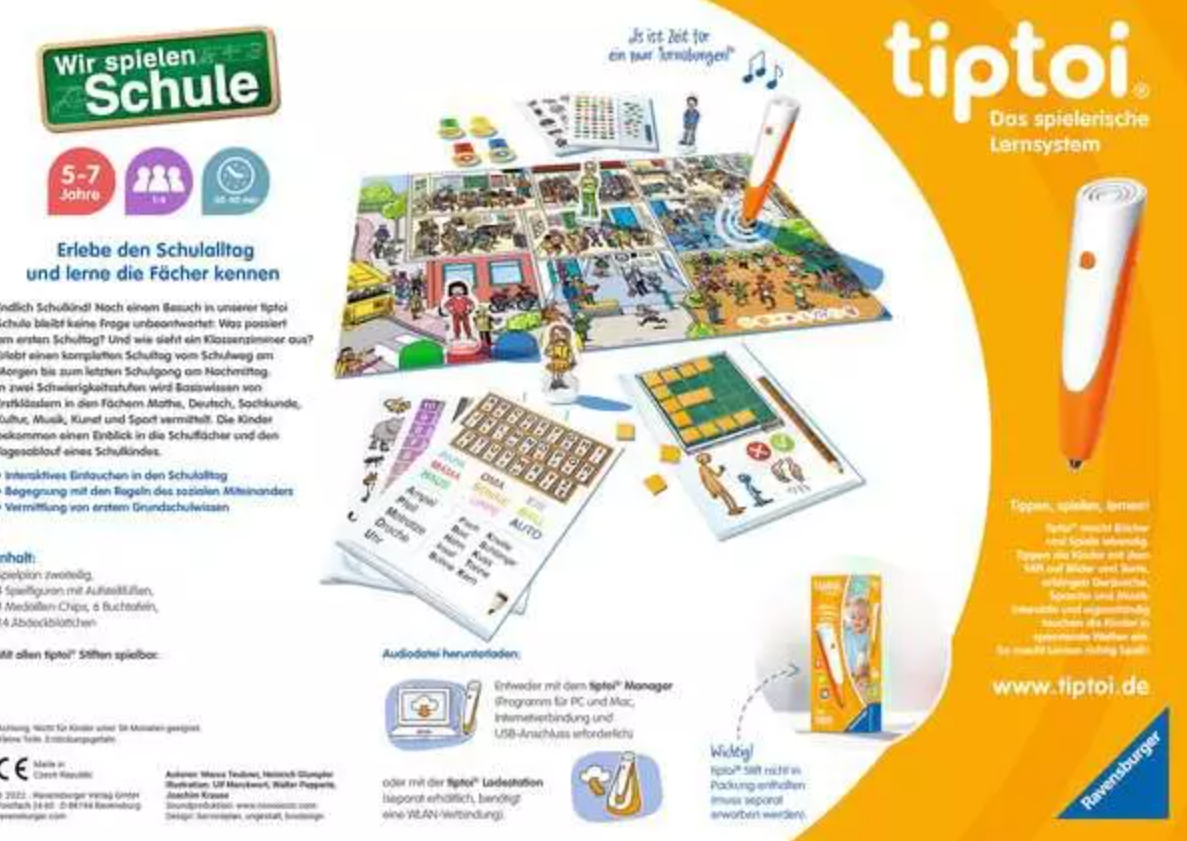 Das Bild zeigt ein tiptoi Lernsystem-Set mit Schulthema, Spielsteinen, einem Stift und Text auf Deutsch.