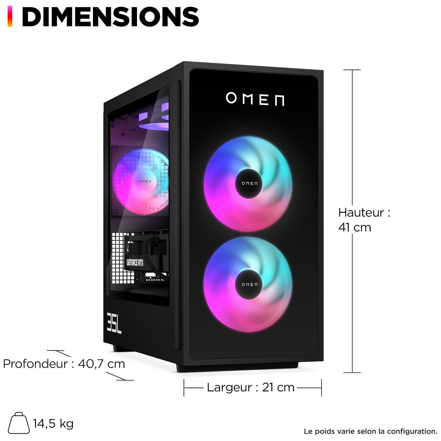 Black OMEN PC case with dimensions: 41cm height, 40.7cm depth, 21cm width. Features RGB fans and GeForce RTX card.