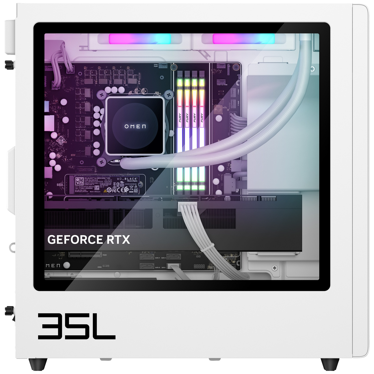 White PC case with glass side. Inside, a motherboard with components like a graphics card and RAM sticks are visible. 'OMEN' logo is present.