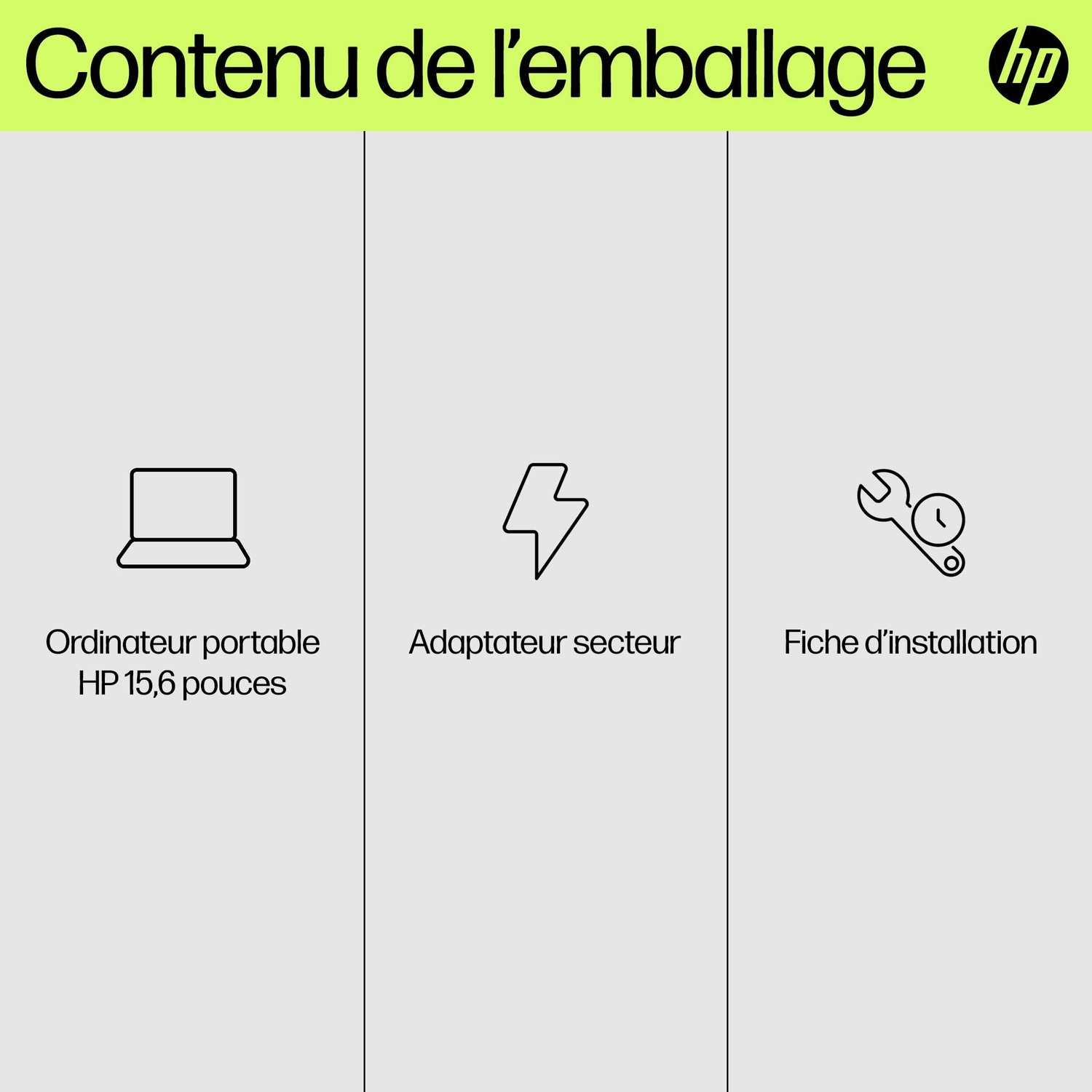 L'image montre les icônes d'ordinateur portable, d'adaptateur secteur et de guide d'installation avec texte français : ordinateur portable, adaptateur et feuille d'installation. Logo HP en haut à droite.