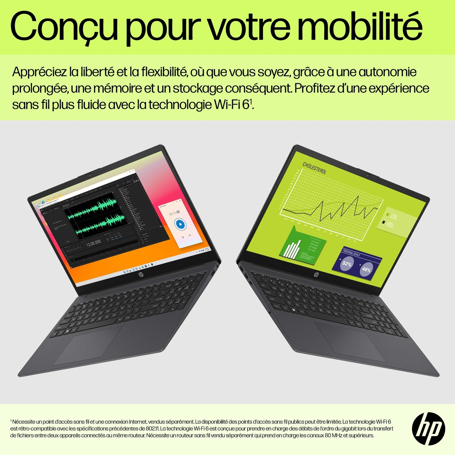 Deux ordinateurs portables HP ouverts, l'un avec une forme d'onde audio, l'autre avec un graphique de cholestérol, sur fond blanc. Logo HP visible.