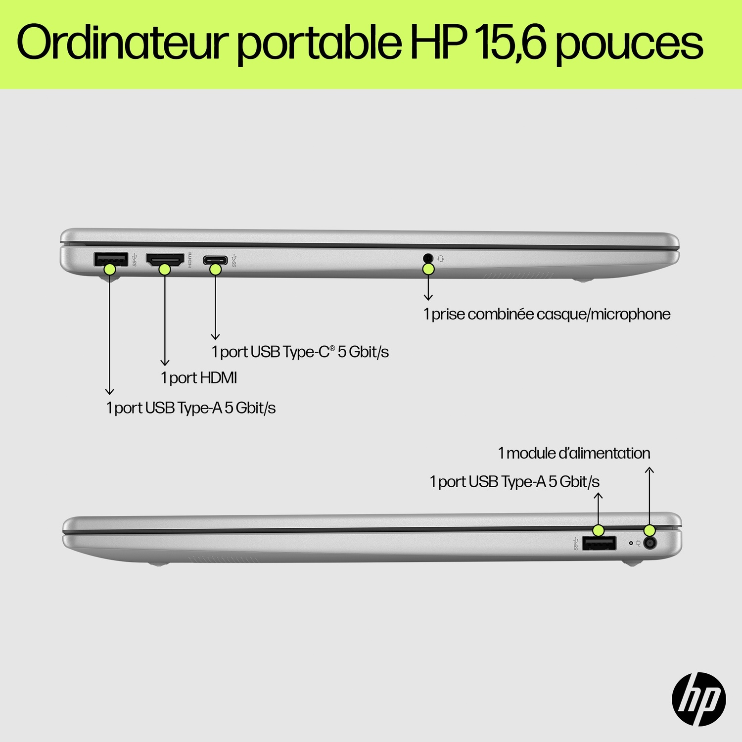 Ordinateur portable HP argenté. Ports étiquetés : USB, HDMI, USB-C, prise audio et alimentation. Logo HP en bas à droite. Texte : 15,6 pouces.
