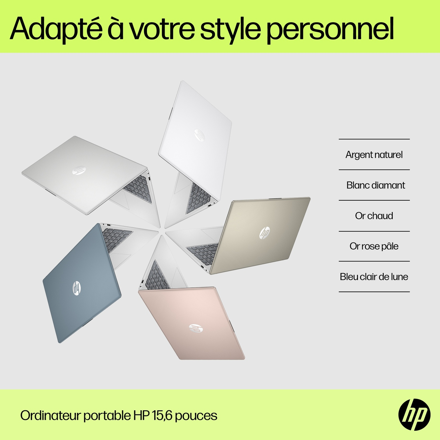 L'image montre six ordinateurs portables HP de différentes couleurs. Le texte décrit les couleurs : argent naturel, blanc diamant, or chaud, rose pâle et bleu lune.
