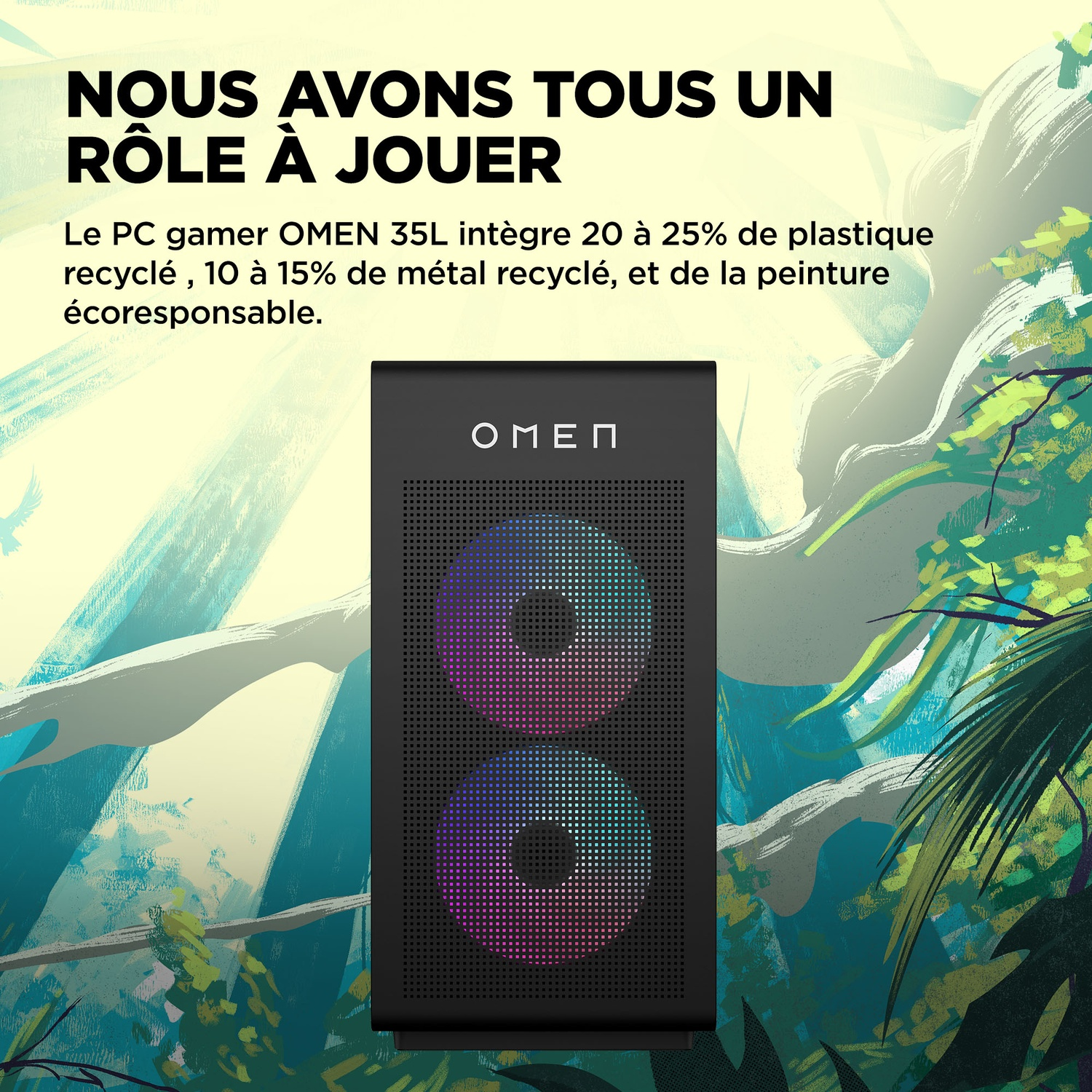 Boîtier PC Omen noir avec deux ventilateurs lumineux, sur fond abstrait vert et bleu avec texte sur les matériaux recyclés.